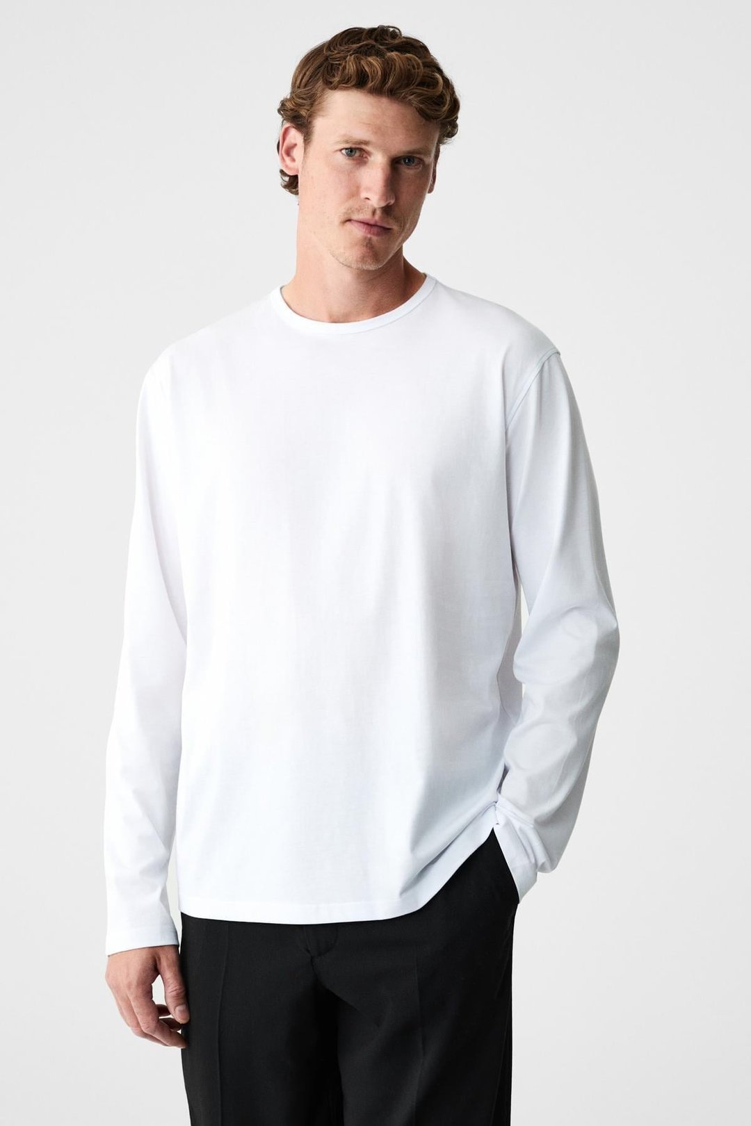 GRAVS Erkek %100 Pamuklu Yumuşak Kumaşlı Yuvarlak Yakalı Uzun Kollu Ekru T-Shirt