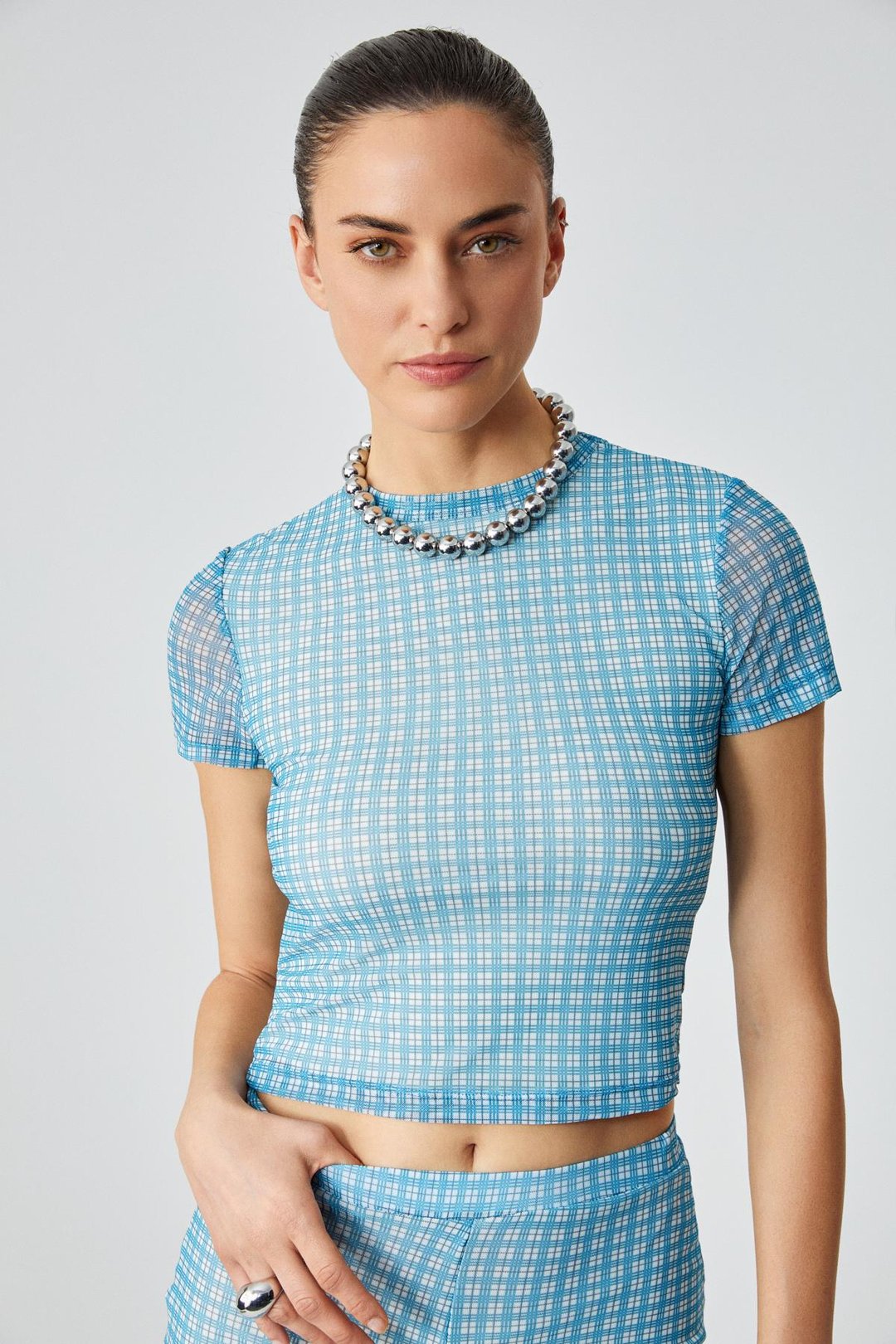 GRESNA Kadın Slim Çizgili Bisiklet Yaka Kısa Kol Tül Mavi T-Shirt