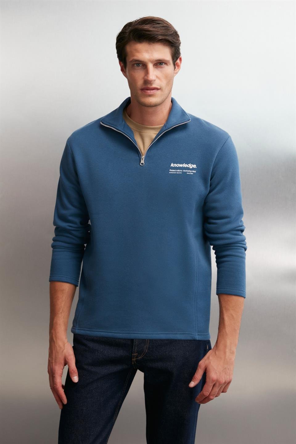 HALDEN  Oversize Mavi Tekli Sweatshirt