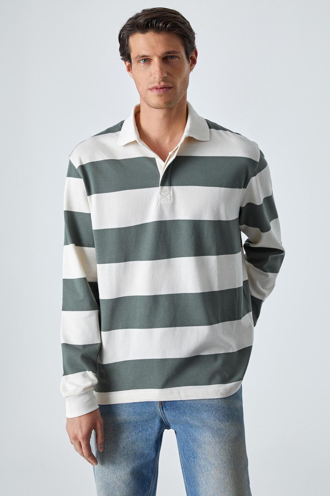 HAROLD Erkek Uzun Kollu Relaxed Fit Patlı Haki - Ekru Polo Yaka T-shirt