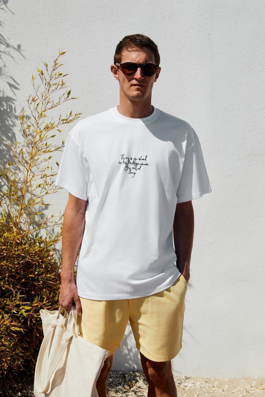 ITALIA Erkek %100 Organik Pamuk Ön Arka Baskı Detaylı Oversize Kısa Kol Beyaz T-Shirt