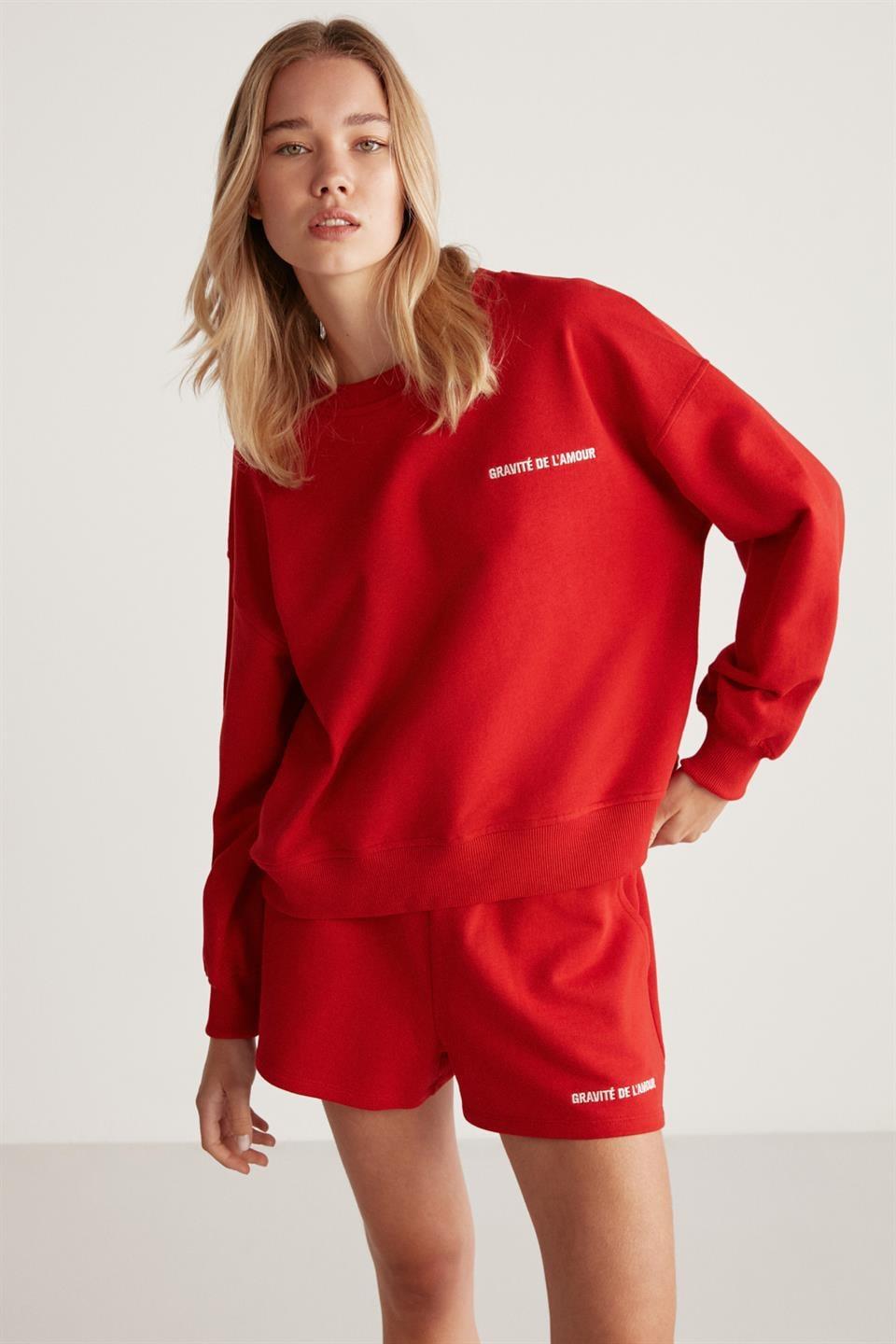 JENNIFER Kadın İçi Polarlı Yumuşacık Nakış Detaylı Organik Pamuk Oversize Kırmızı Sweatshirt