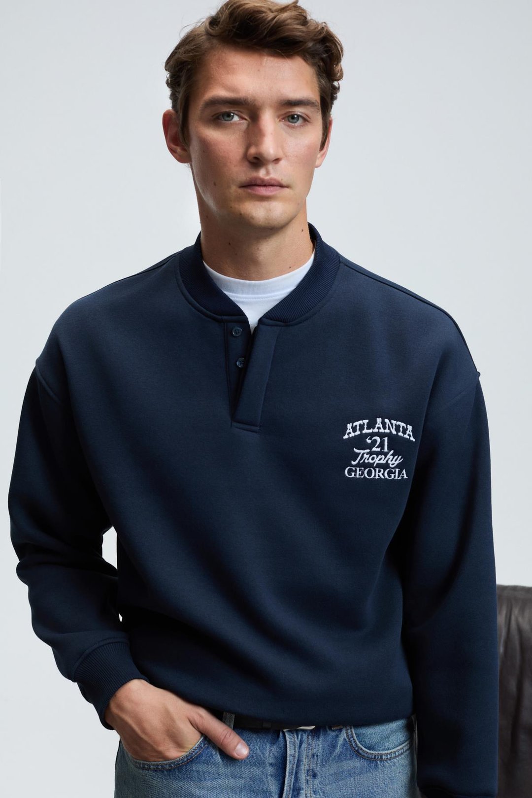 JETHRO Erkek Bomber Yaka Patlı Düğmeli Göğsü Nakışlı Relaxed Fit Lacivert Sweatshirt