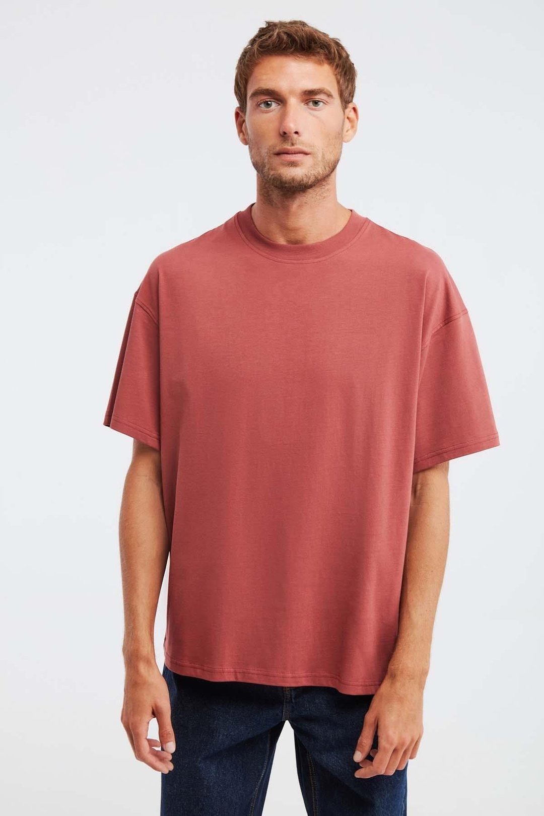 JETT Erkek %100 Organik Pamuklu Kalın Dokulu Oversize Fit Bisiklet Yaka Kiremit Rengi T-Shirt
