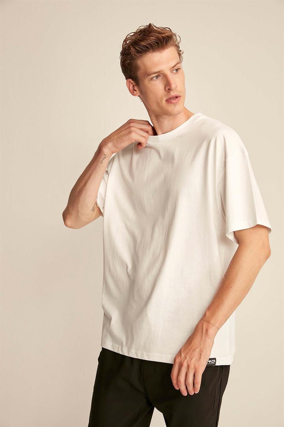 JETT Erkek %100 Organik Pamuklu Kalın Dokulu Oversize Fit Bisiklet Yaka Beyaz T-Shirt