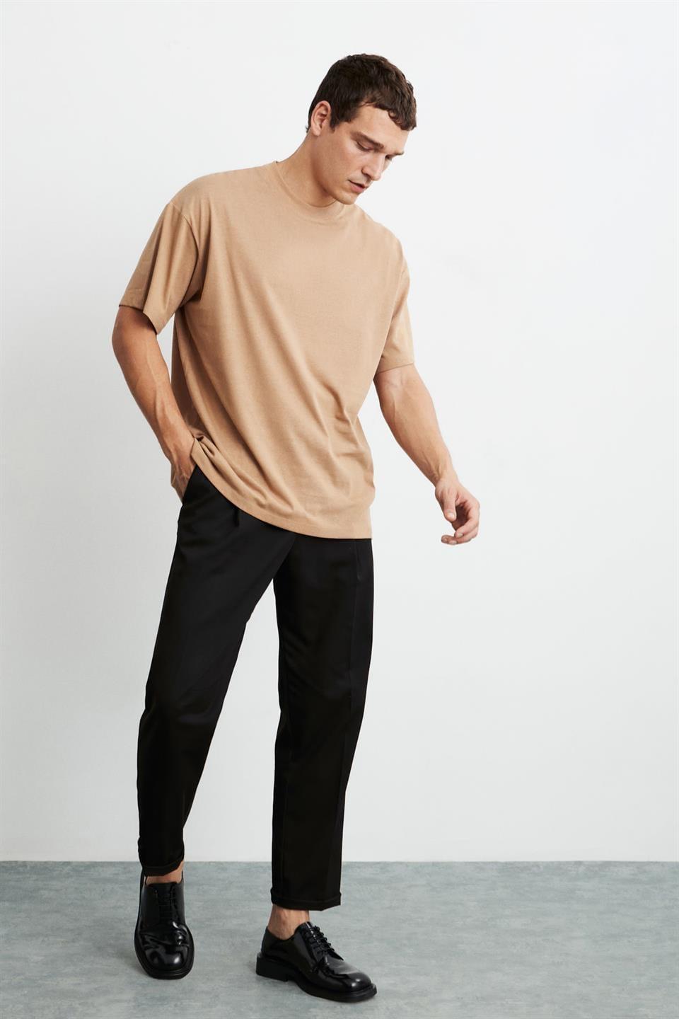 JETT Erkek %100 Organik Pamuklu Kalın Dokulu Oversize Fit Bisiklet Yaka Kahverengi T-Shirt