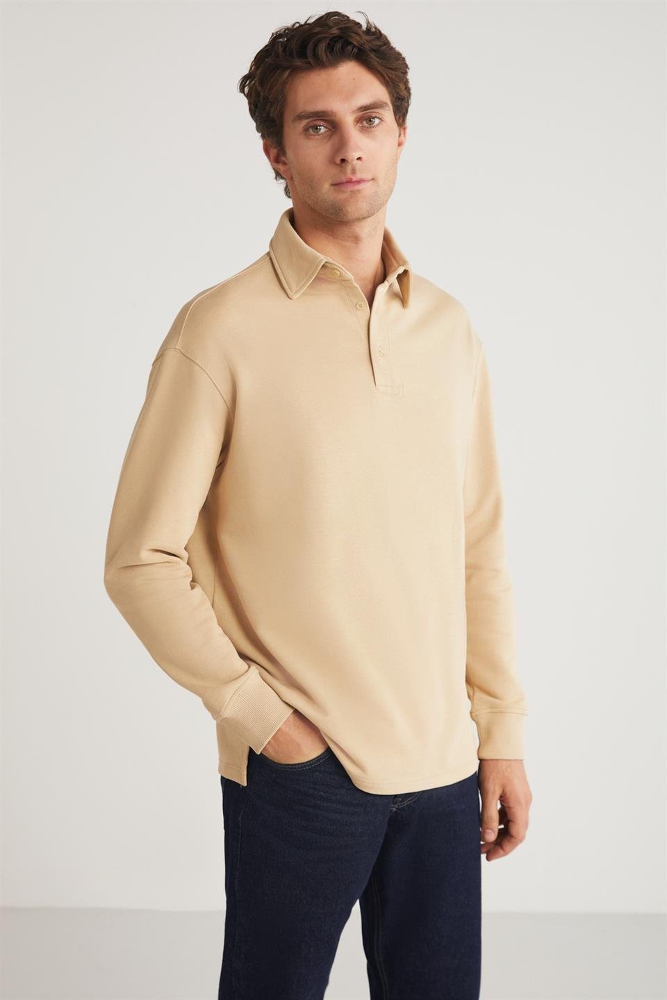 JOHN Erkek Polo Sweat Gömlek Yakalı Organik Pamuklu Yırtmaçlı İçi Polarsız Bej Sweatshirt