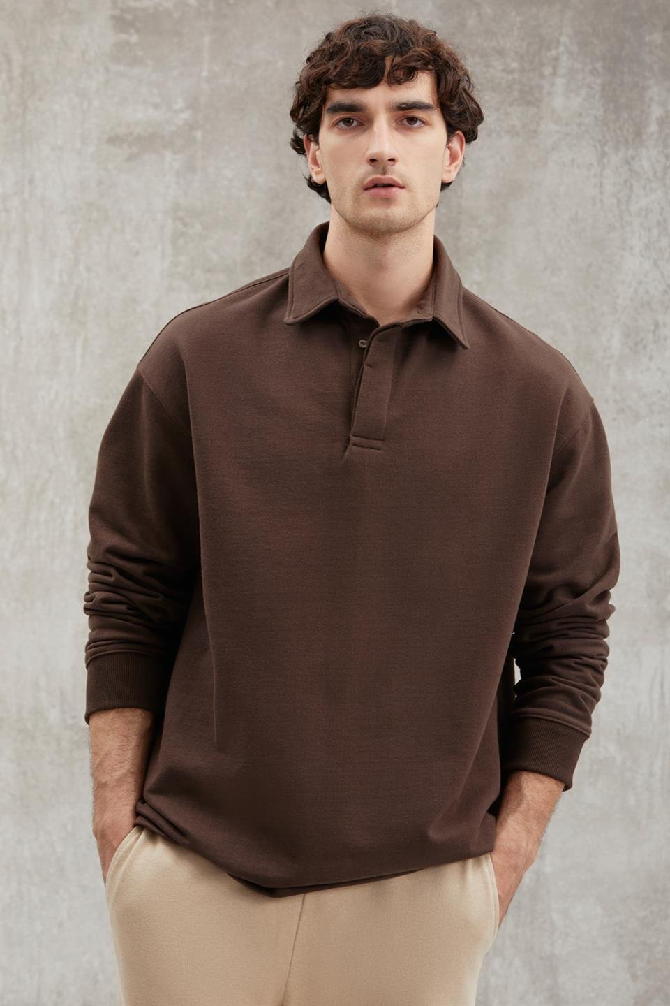 JOHN Erkek Polo Sweat Gömlek Yakalı Organik Pamuklu Yırtmaçlı İçi Polarsız Koyu Kahverengi Sweatshirt