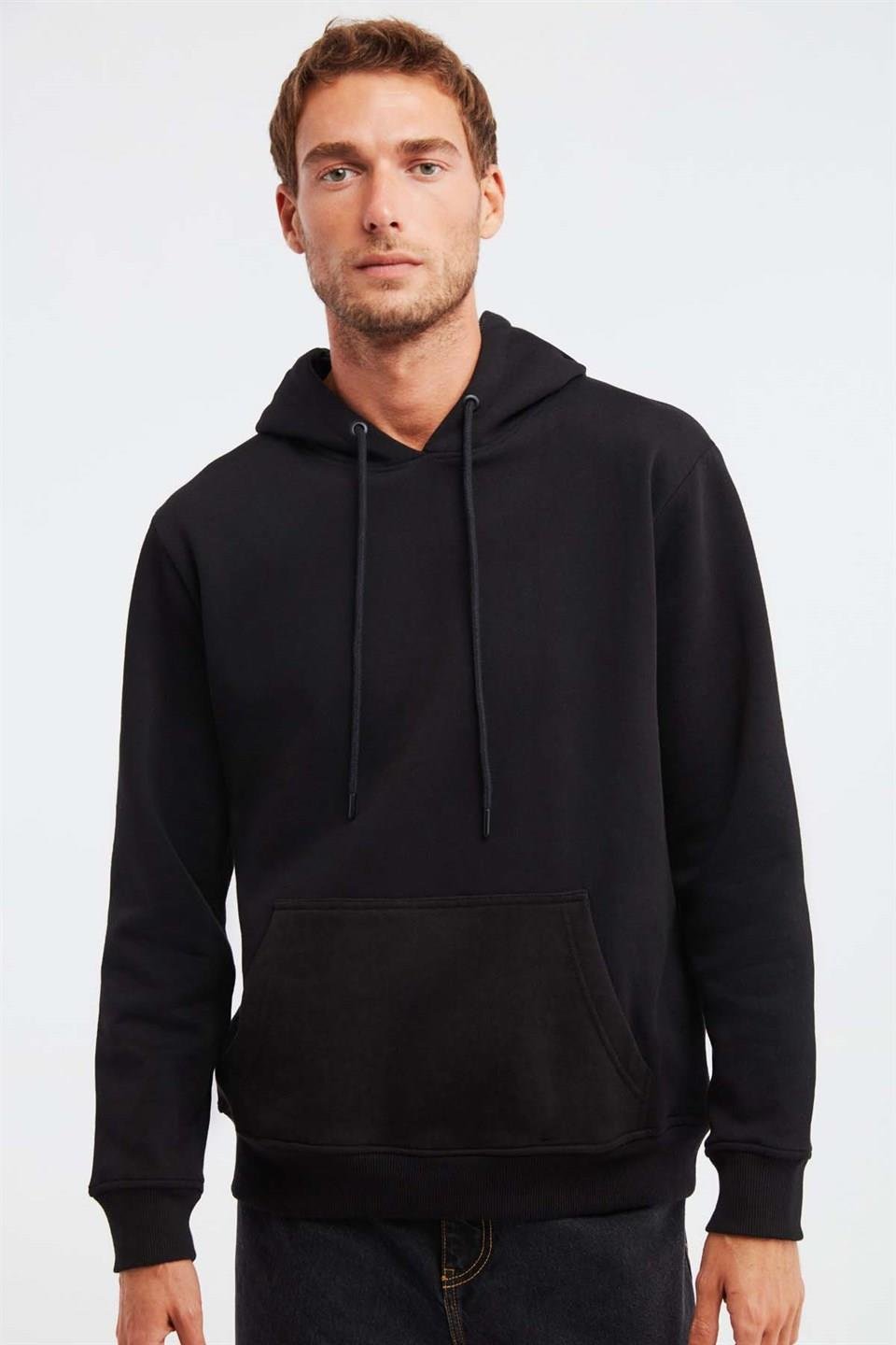 JORGE Erkek Yumuşacık Kapüşonlu Organik Pamuk Kanguru Cepli Regular Siyah Sweatshirt