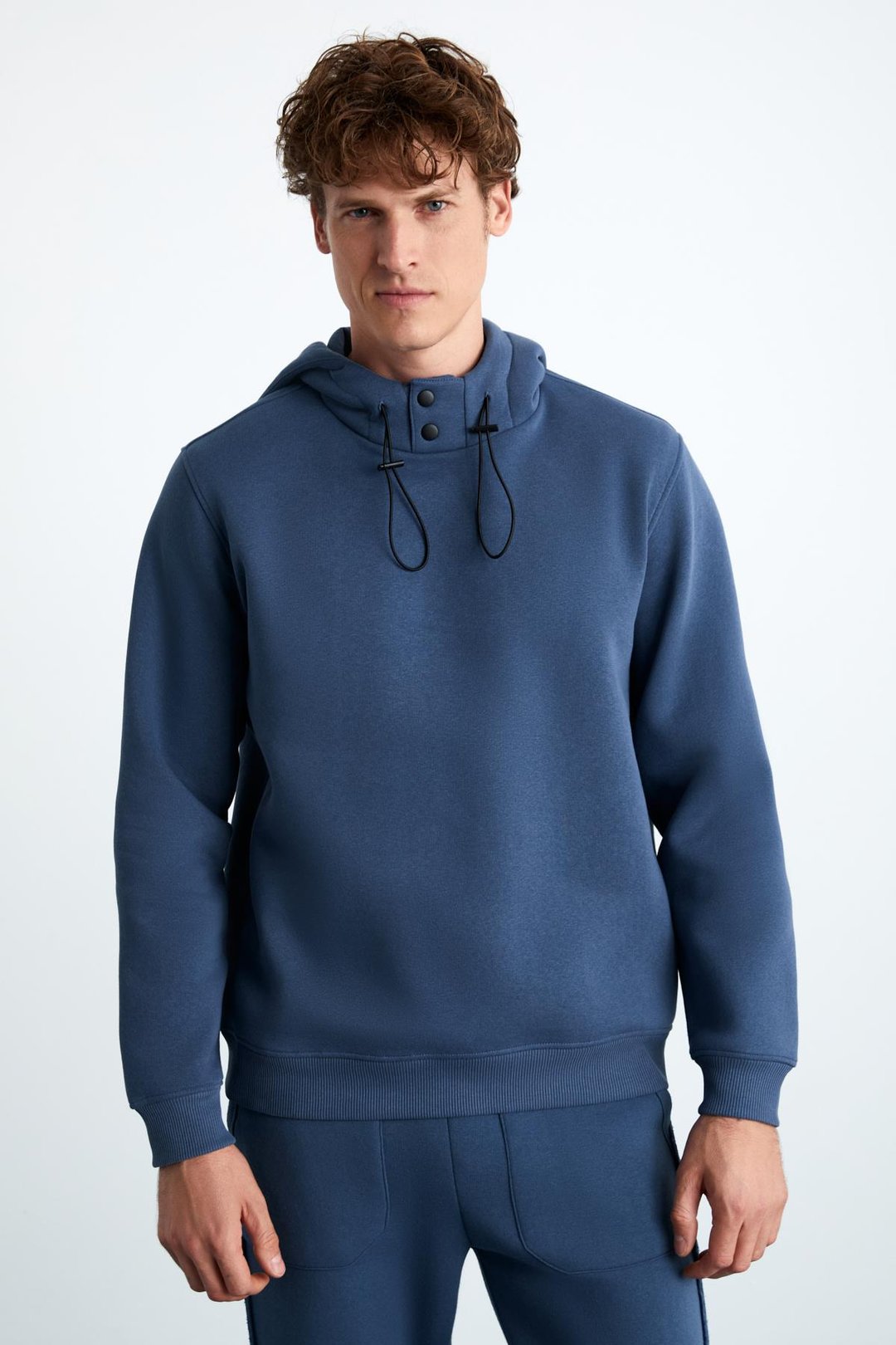 JORNA Erkek 3 İplik İçi Şardonlu Yumuşacık Çıt Çıt Yakalı Regular Kapüşonlu İndigo Sweatshirt