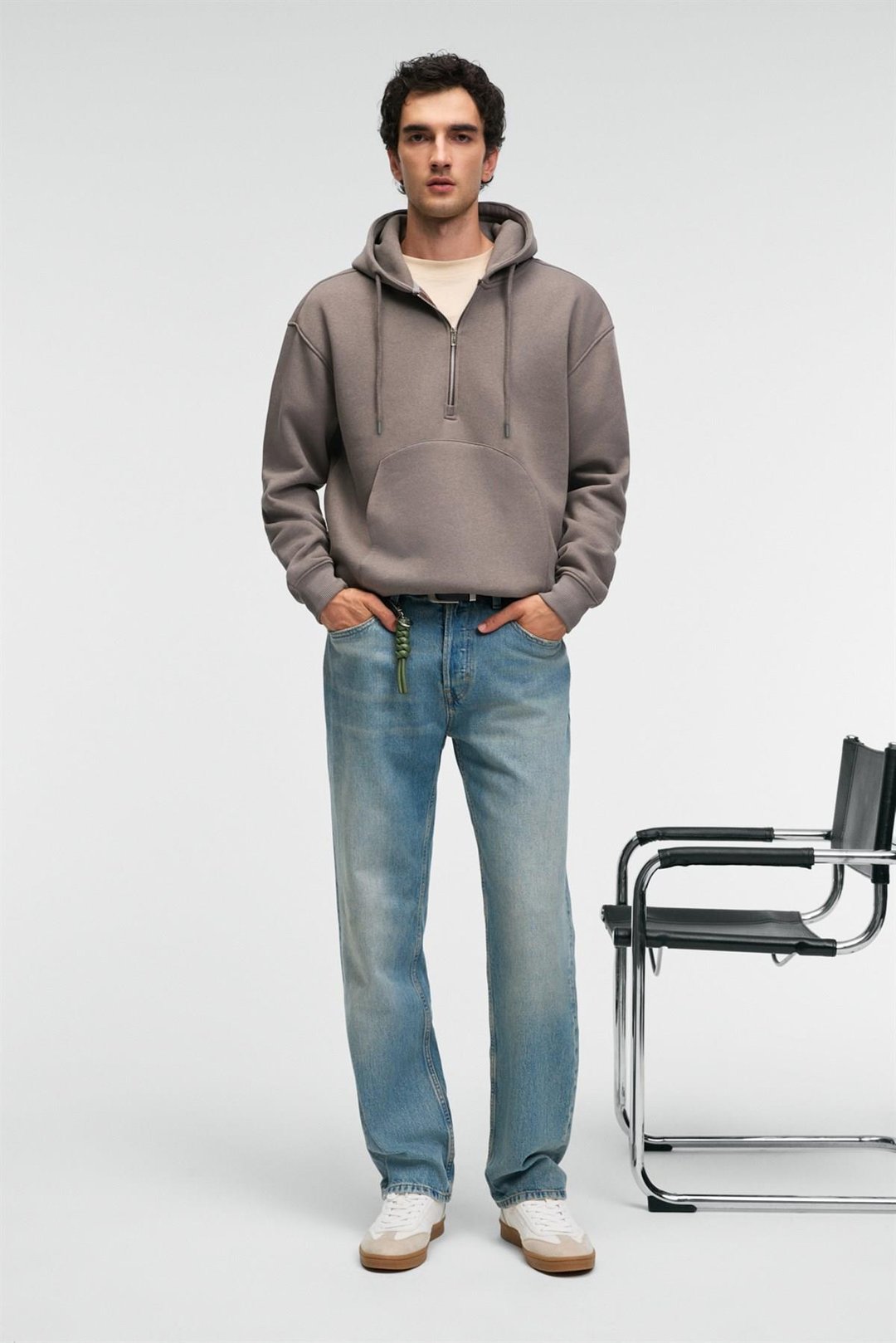 JUSTUS Erkek Kapüşonlu Kanguru Cepli Fermuar Yakalı Koyu Gri Sweatshirt