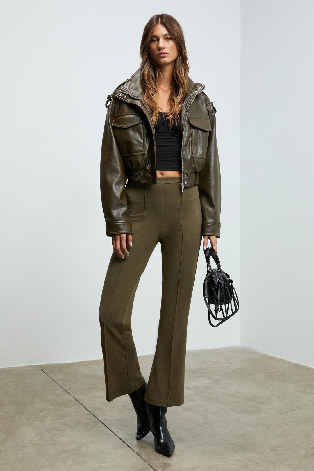 KALYYSIA Kadın Yüksek Bel Geniş Paçalı Slim Fit Haki Pantolon