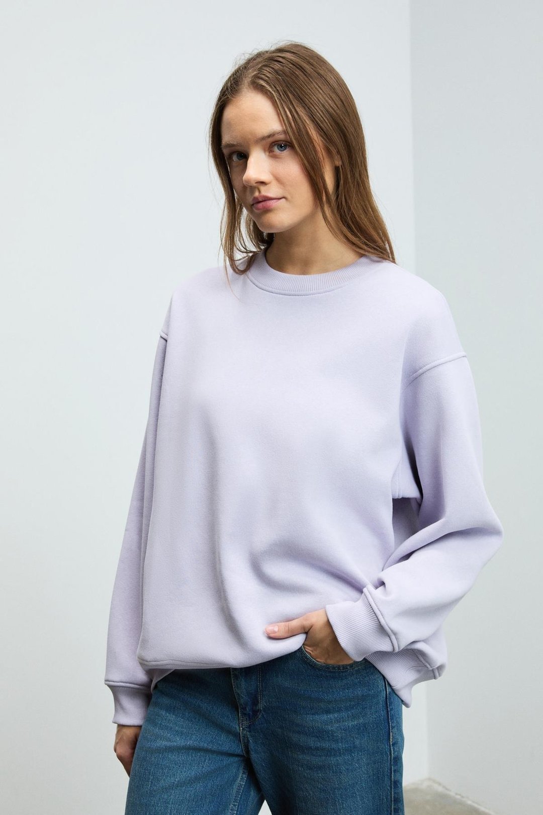 KARIUS Kadın Organik Pamuklu İçi Polarsız Oversize Yuvarlak Yakalı Lila Sweatshirt