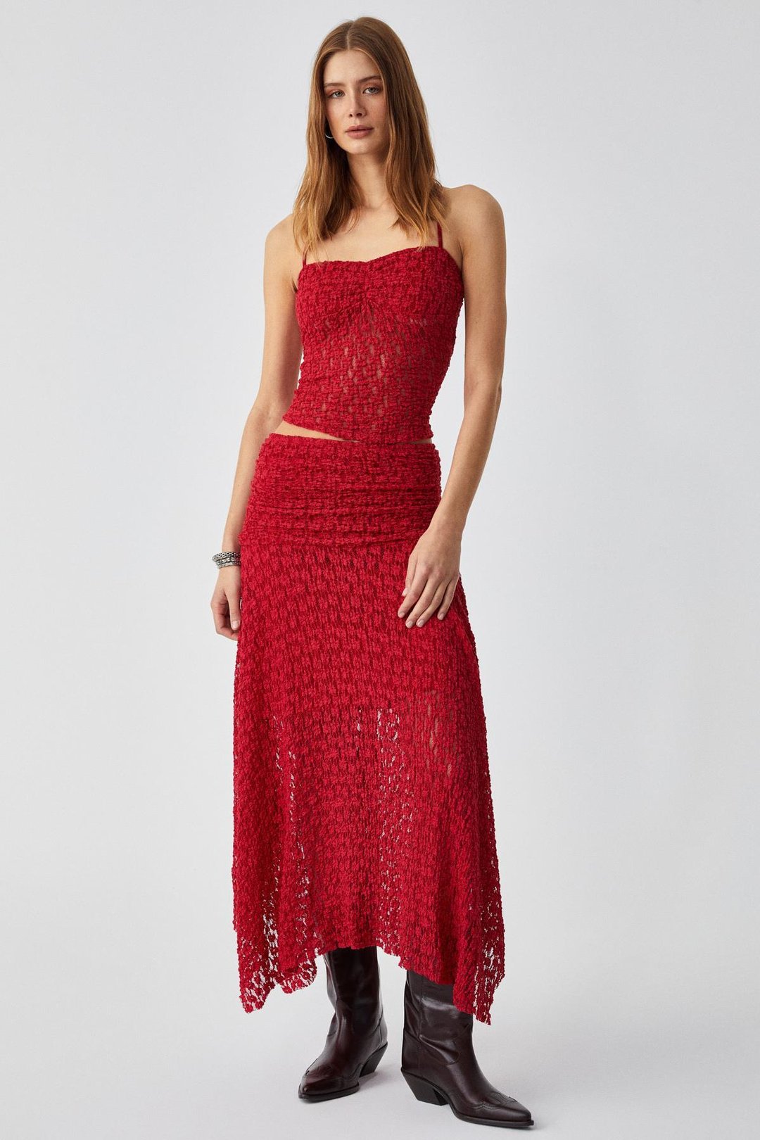 KARMA Kadın Oversize Lastikli Yüksek Bel Uzun Kırmızı Etek