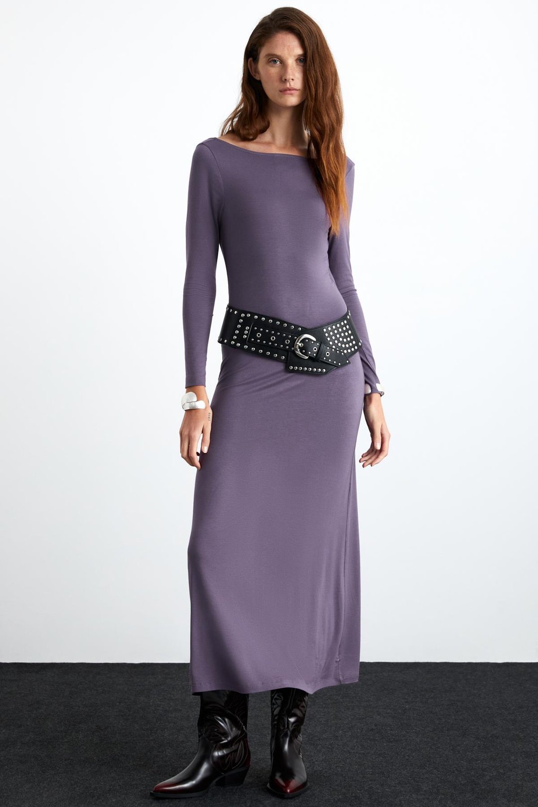 KRIZIA Kadın Viskon Karışımlı Kayık Yaka Slim Fit Mürdüm Elbise