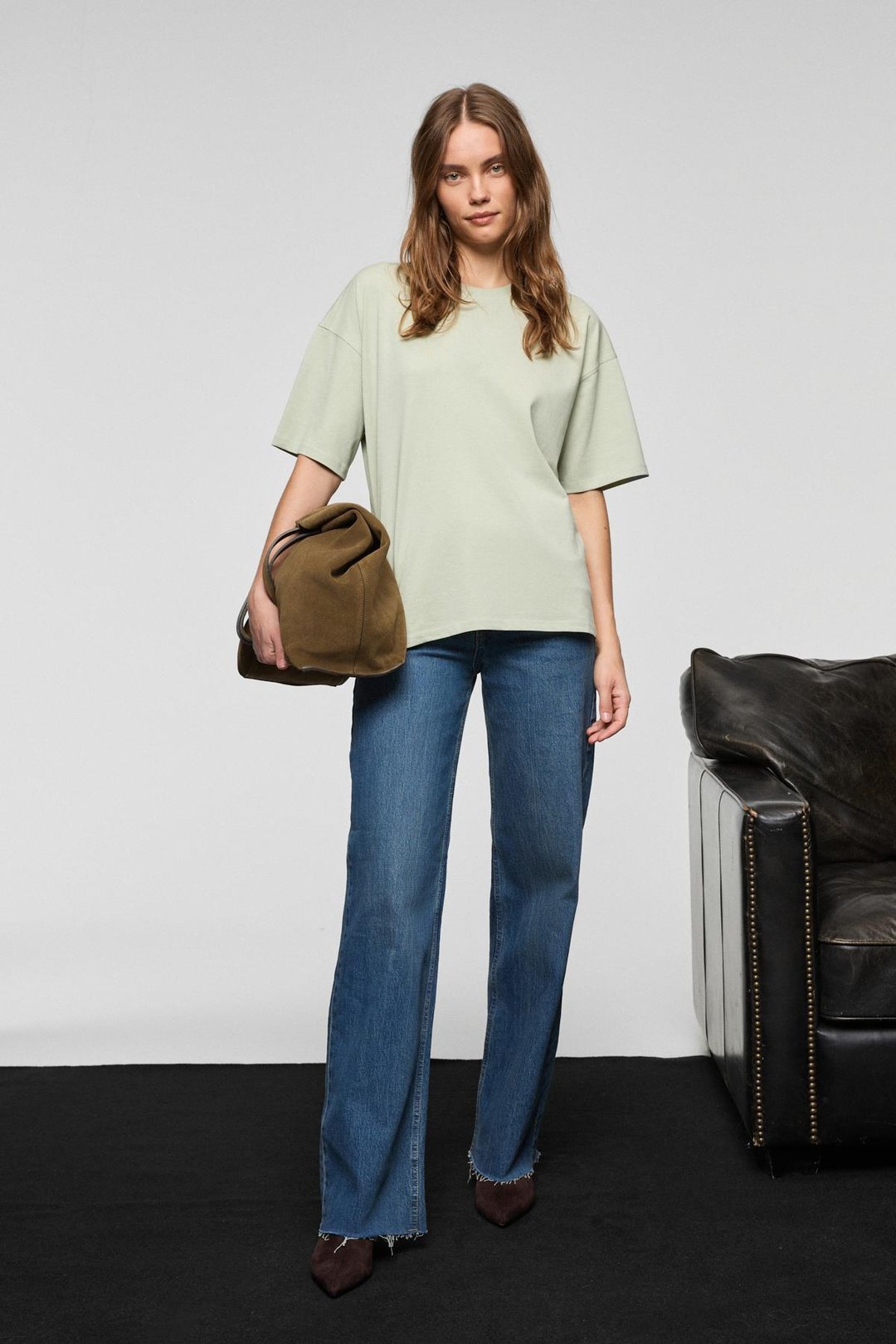 LAGERTHA Kadın %100 organik Pamuklu Kalın Dokulu Oversize Fit Yuvarlak Yakalı Mint Yeşil T-Shirt