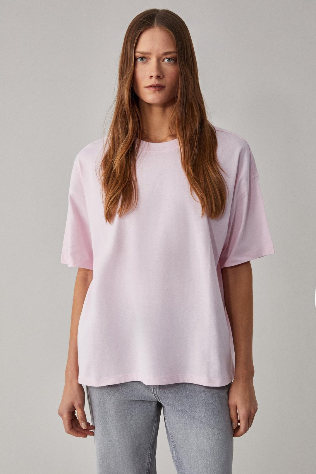 LAGERTHA Kadın %100 Organik Pamuklu Kalın Dokulu Oversize Fit Yuvarlak Yakalı Açık Pembe T-Shirt