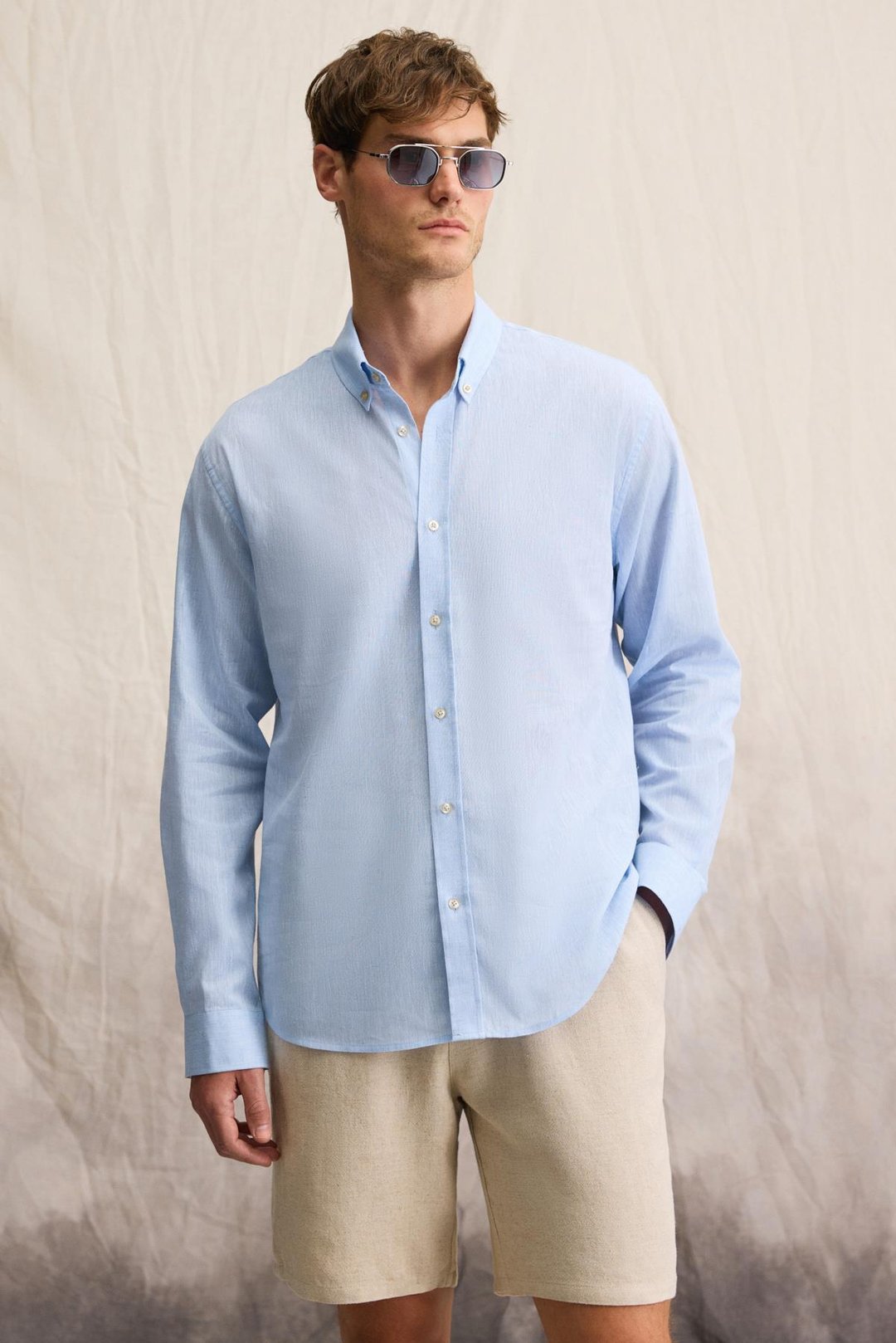 LASSE Erkek Keten Karışımlı Gömlek Yaka Manşetli Uzun Kollu Regular Fit Mavi Gömlek