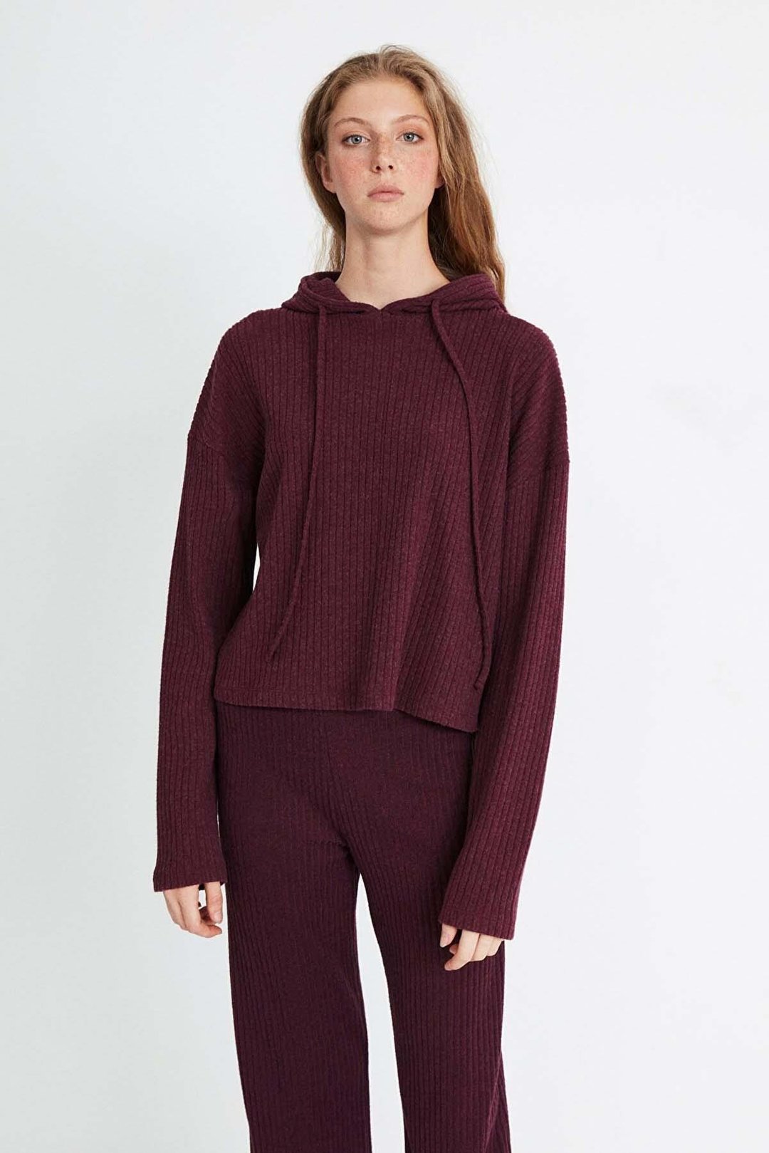 LAYLA Kadın Triko Görünümlü Kapüşonlu Ribana Bordo Sweatshirt