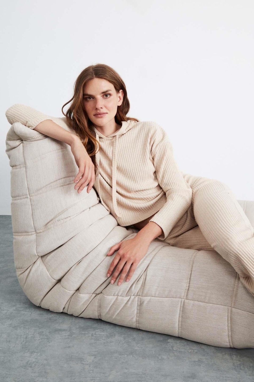 LAYLA Kadın Triko Görünümlü Kapüşonlu Ribana Bej Sweatshirt