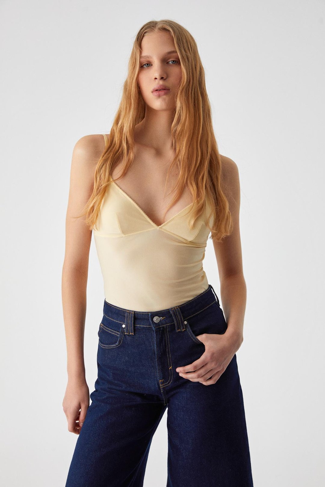 LILLEAN Kadın Kruvaze Yaka Slim İnce Tül Sarı Bluz