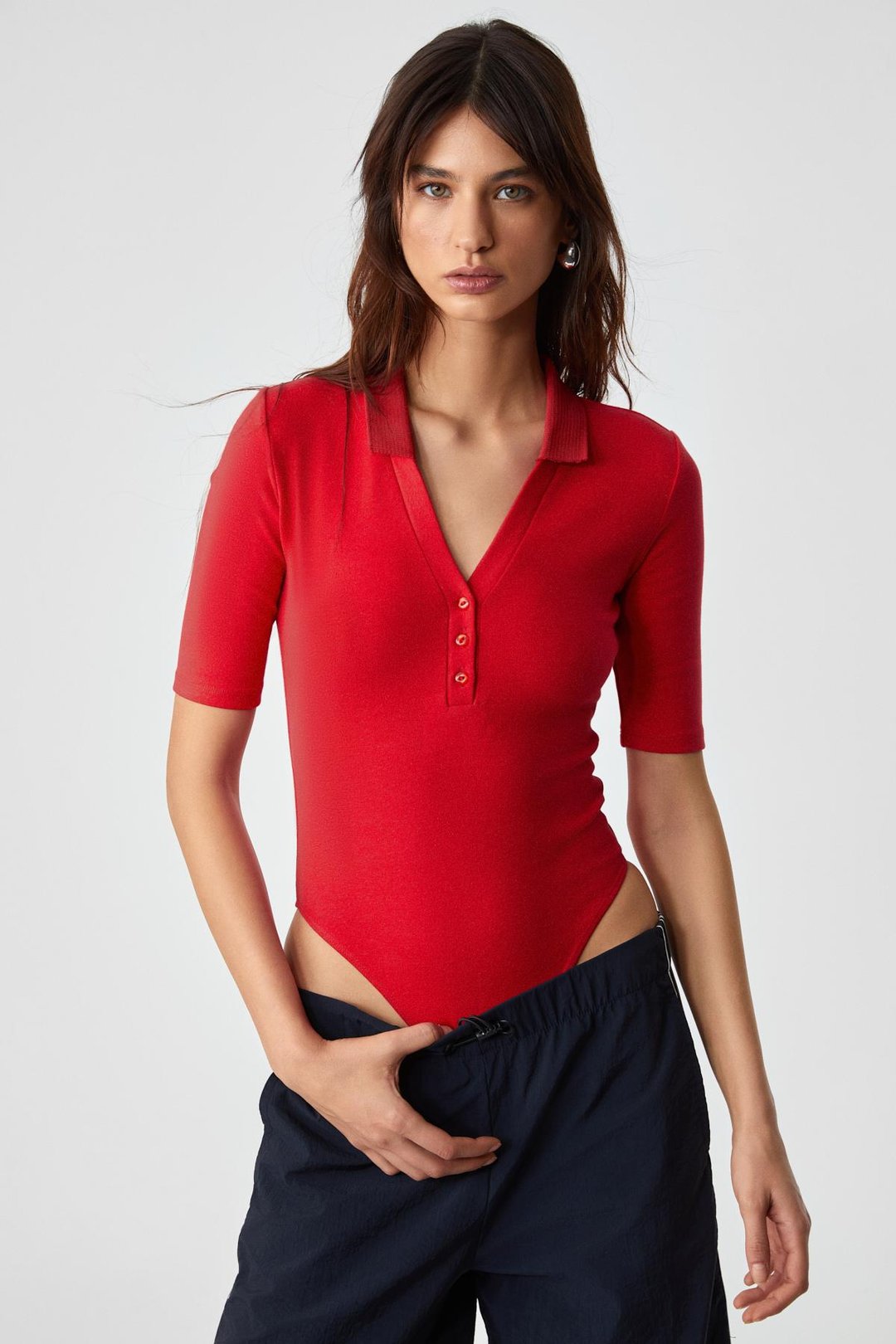 LOKKISER Kadın Düğmeli Apaj Yaka Kısa Kol Kırmızı Yelek