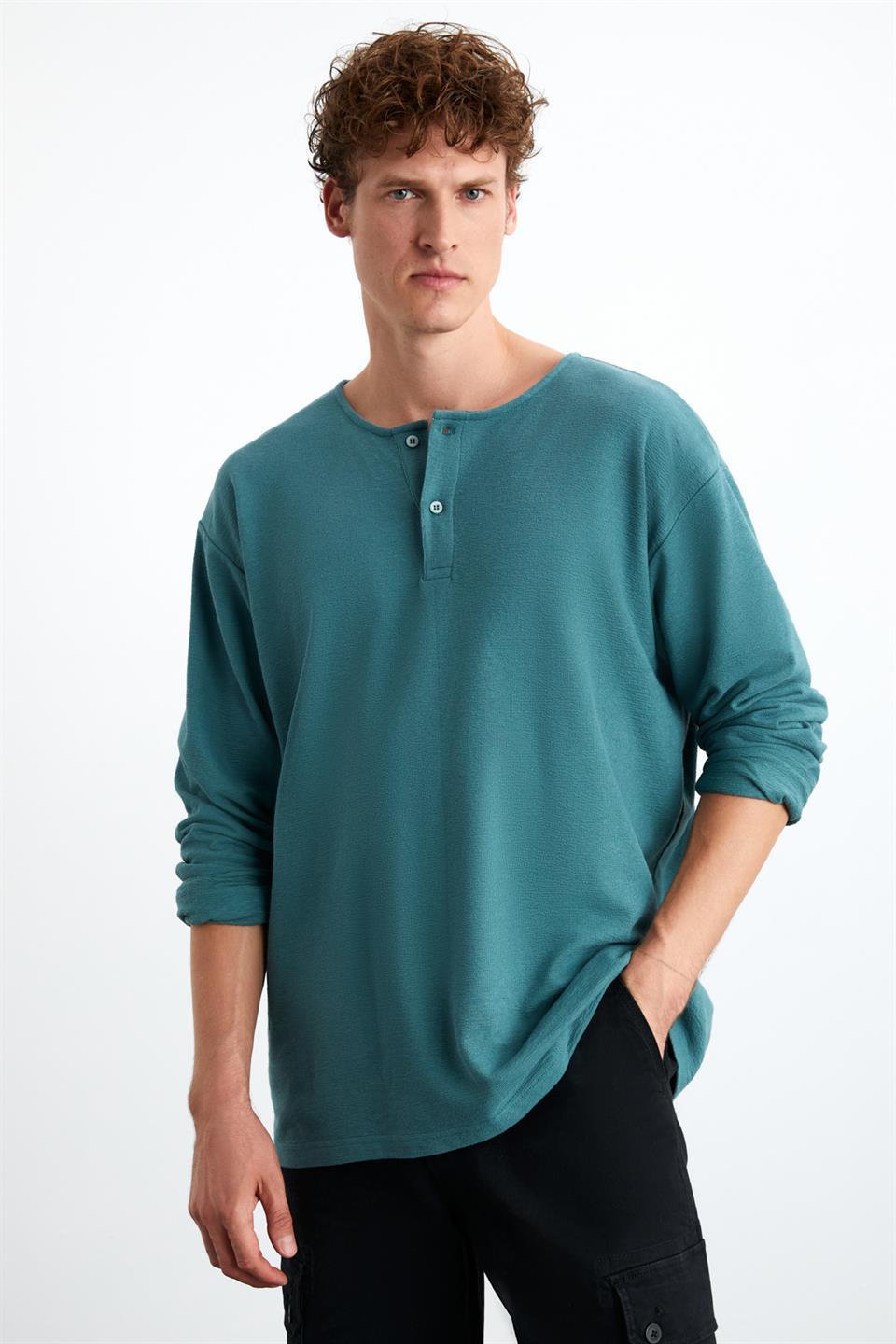 LORENZO Erkek Yaka Özel Dokulu Kumaşlı Regular Fit Yeşil T-Shirt