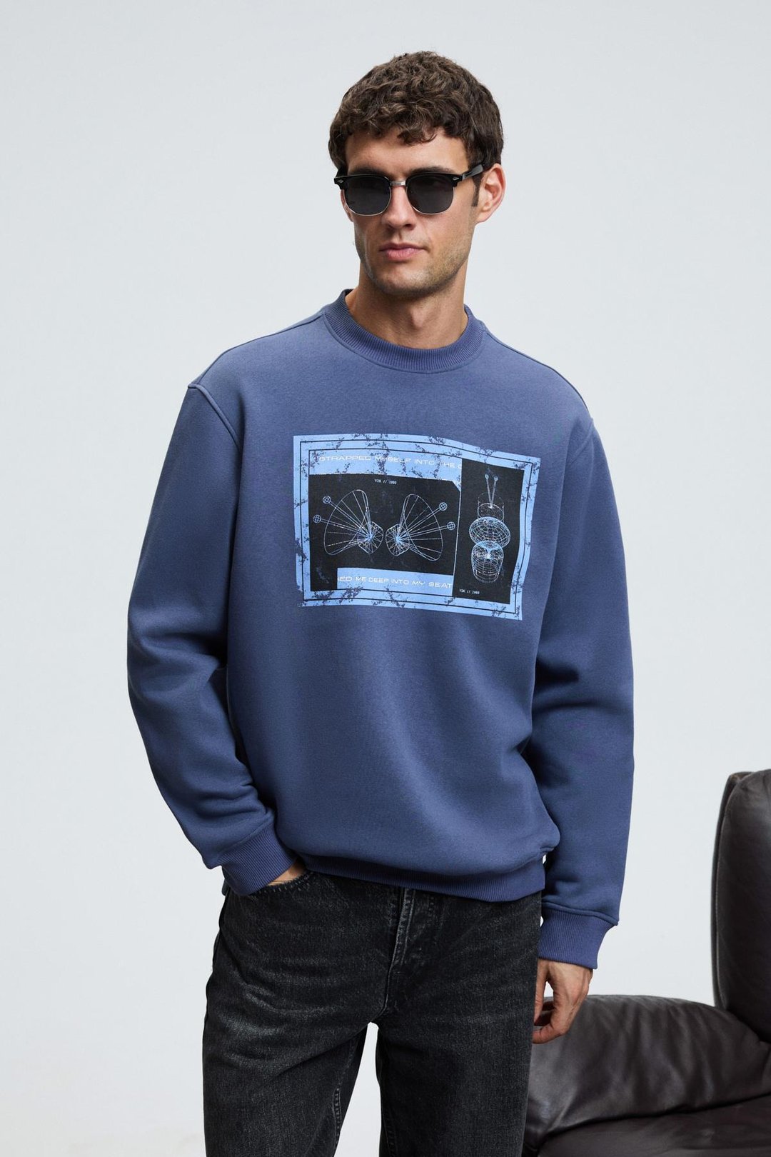 LUCIAN Erkek Göğsü Ve Sırtı Baskılı Yuvarlak Yaka Regular Fit İndigo Sweatshirt