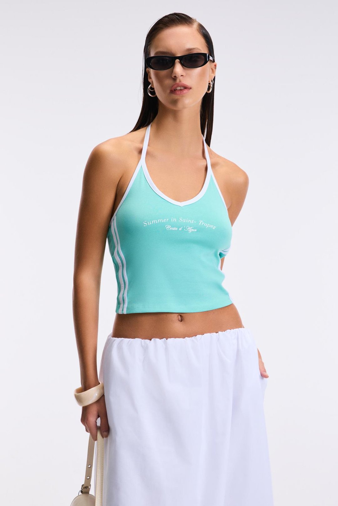 LUVINA Kadın Askılı Yaka Sıfır Kol Baskı Detaylı Ribanalı Mavi Bluz