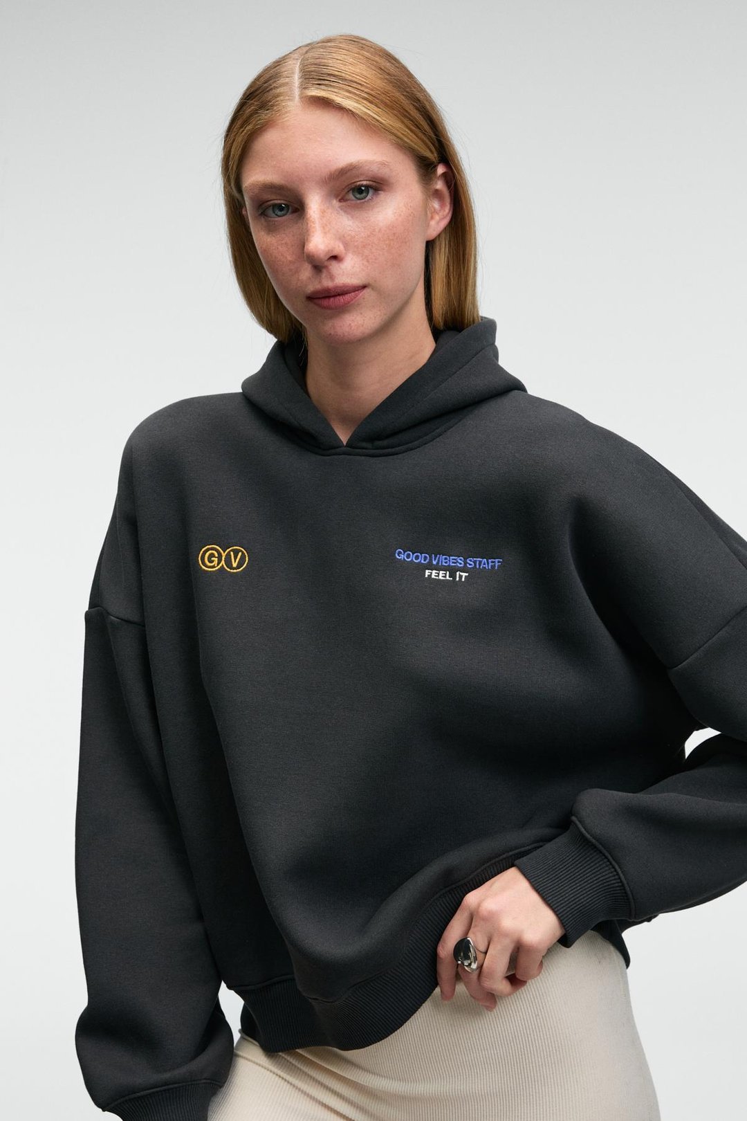 LUXE Kadın Renk Nakışlı Ve Arkası Baskı Detaylı Kapüşonlu Antrasit Sweatshirt