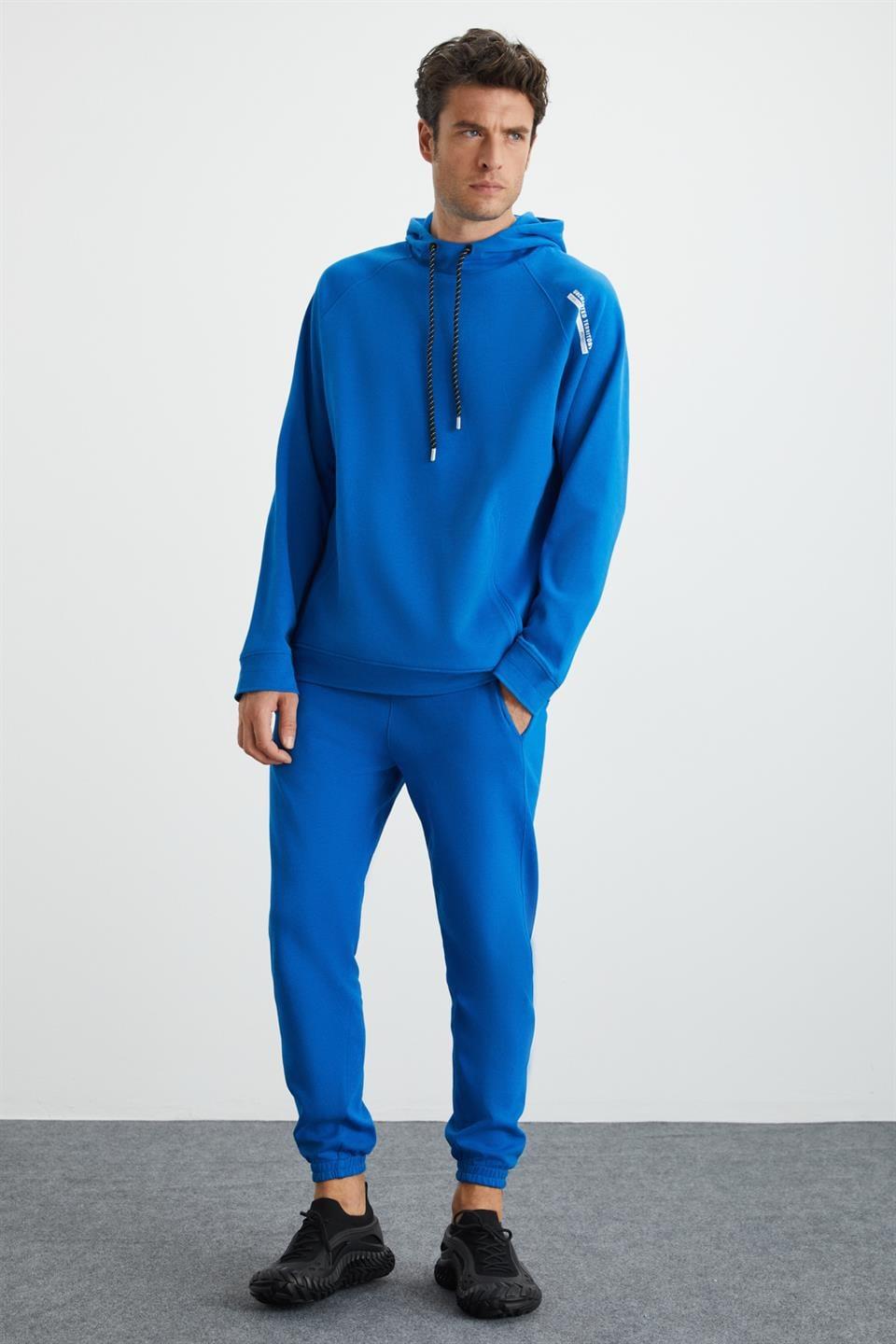 MALAGOS Erkek İçi Polarlı Yumuşacık 3 İplik İçi Şardonlu Regular Kapüşonlu Mavi Sweatshirt