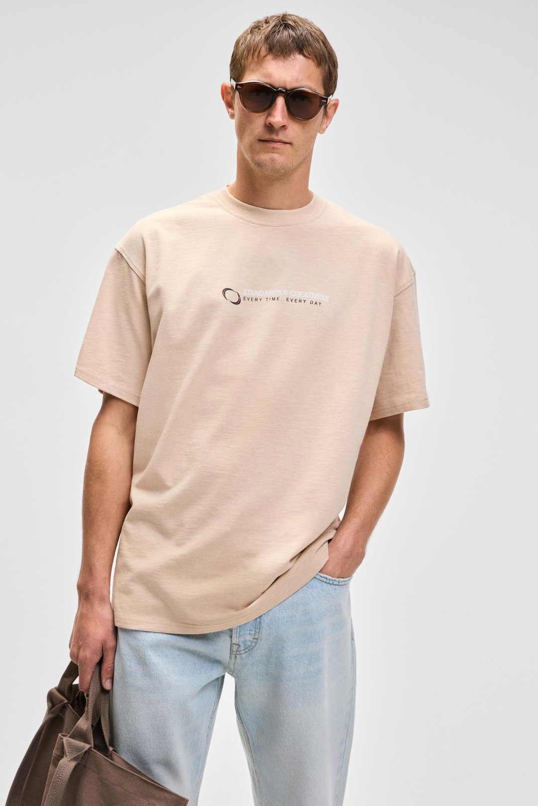 MANOL Erkek Bisiklet Yaka %100 Organik Pamuklu Oversize Fit Bej T-Shirt