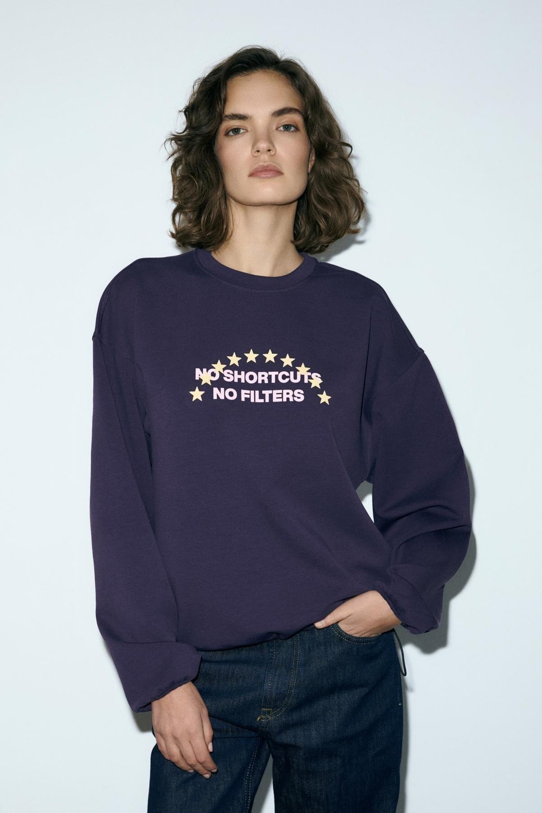 MARIELA Kadın Yuvarlak Yaka Baskı Detaylı Oversıze Mor Sweatshirt