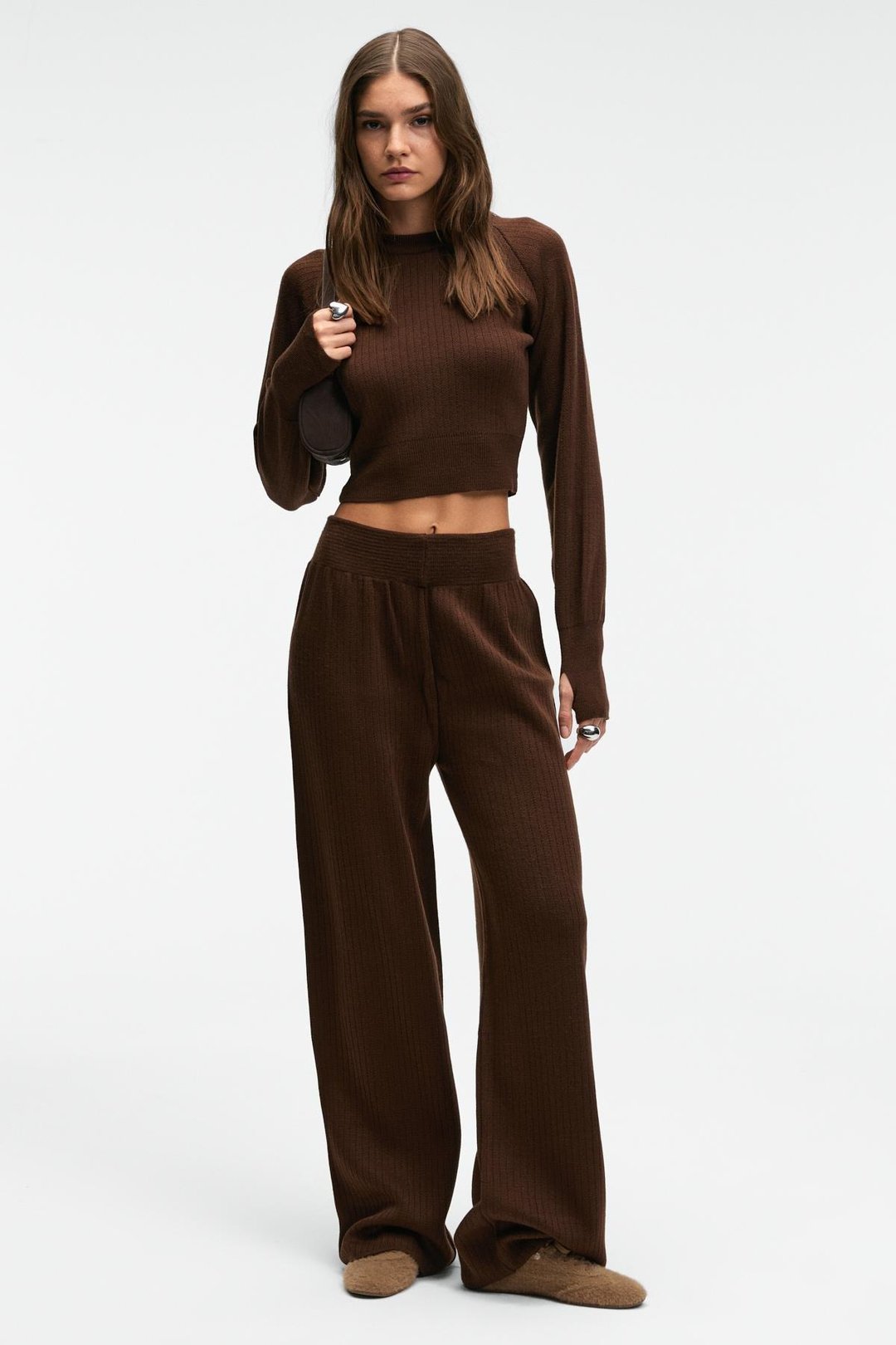 MARIPOSA Kadın Yuvarlak Yaka Çizgi Desenli Crop Geniş Paça Triko Kahverengi Alt-Üst Takım