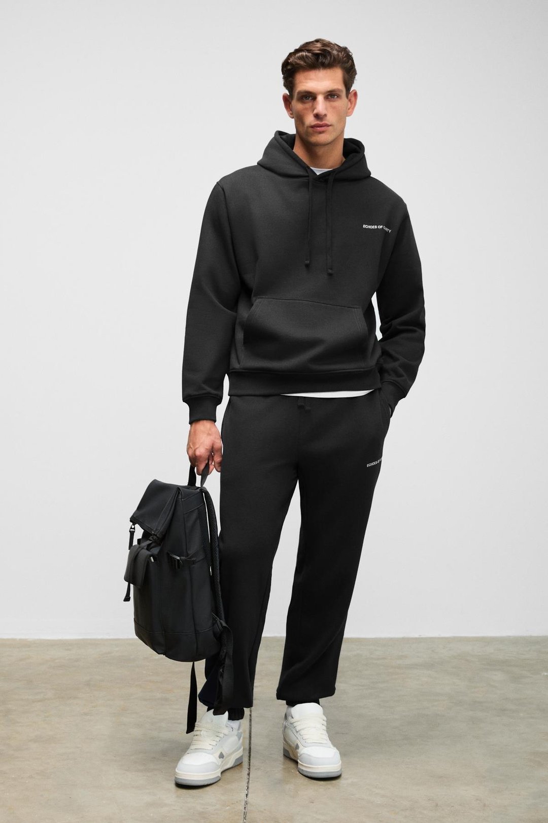 MARSHALLHOODIE Erkek Pamuklu İçi Polarlı Nakışlı Relaxed Siyah Eşofman Takımı