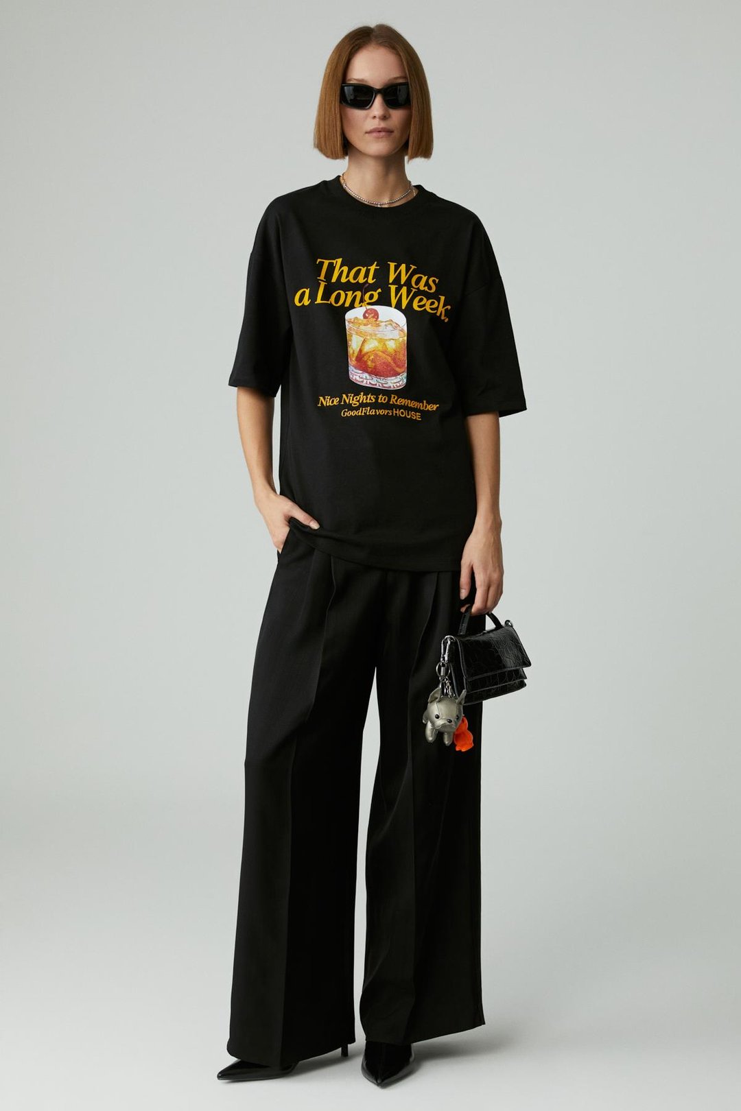 MERCEDITAS Kadın Regular Baskılı Yuvarlak Yaka Siyah T-Shirt