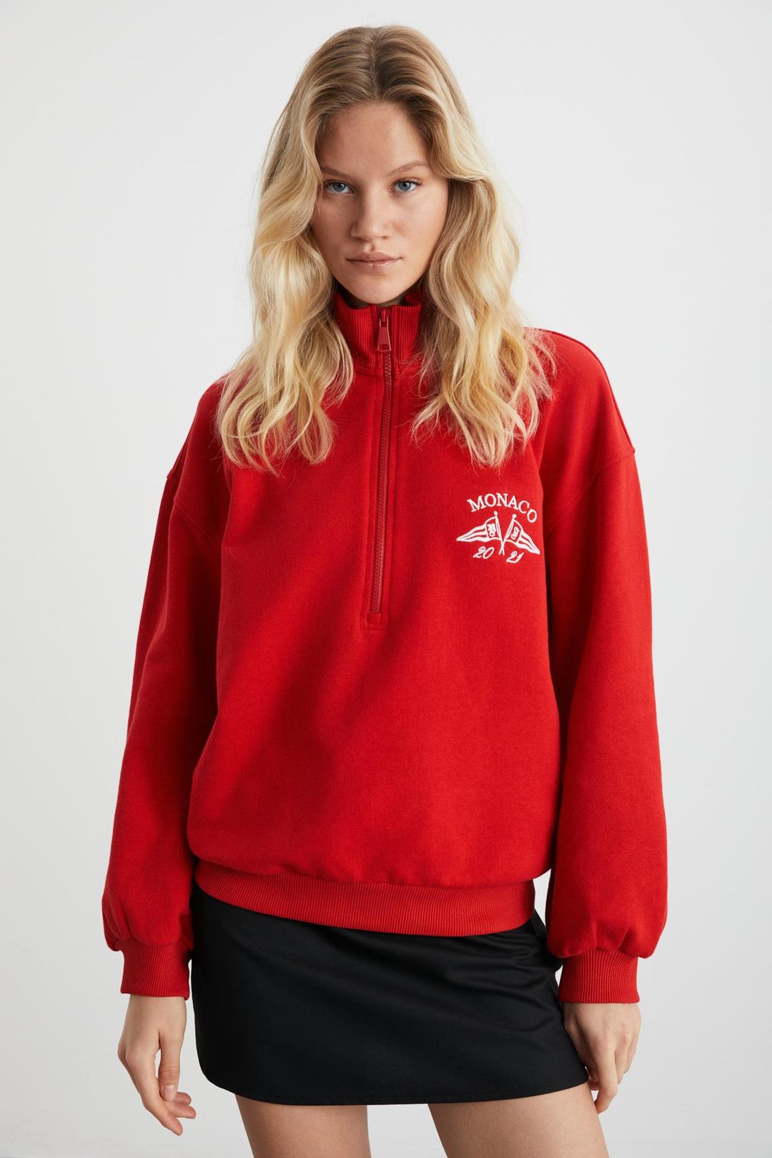 MEYBELINA Kadın %100 Organik Pamuk Dik Yaka Yazılı Kırmızı Sweatshirt