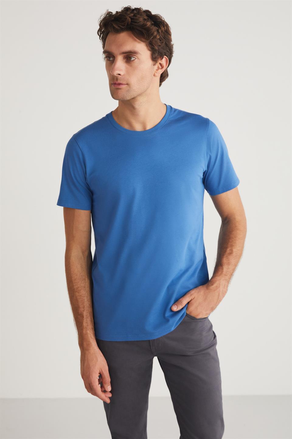 MICHEL Erkek Slim Fit Dar Kesim %100 Organik Pamuklu Yana Kayan Dikişli  Basic Örme Mavi T-Shirt