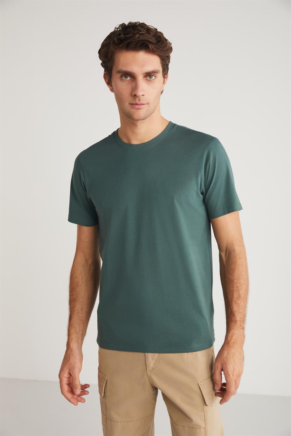 MICHEL Erkek Slim Fit Dar Kesim %100 Organik Pamuklu Yana Kayan Dikişli  Basic Örme Yeşil T-Shirt