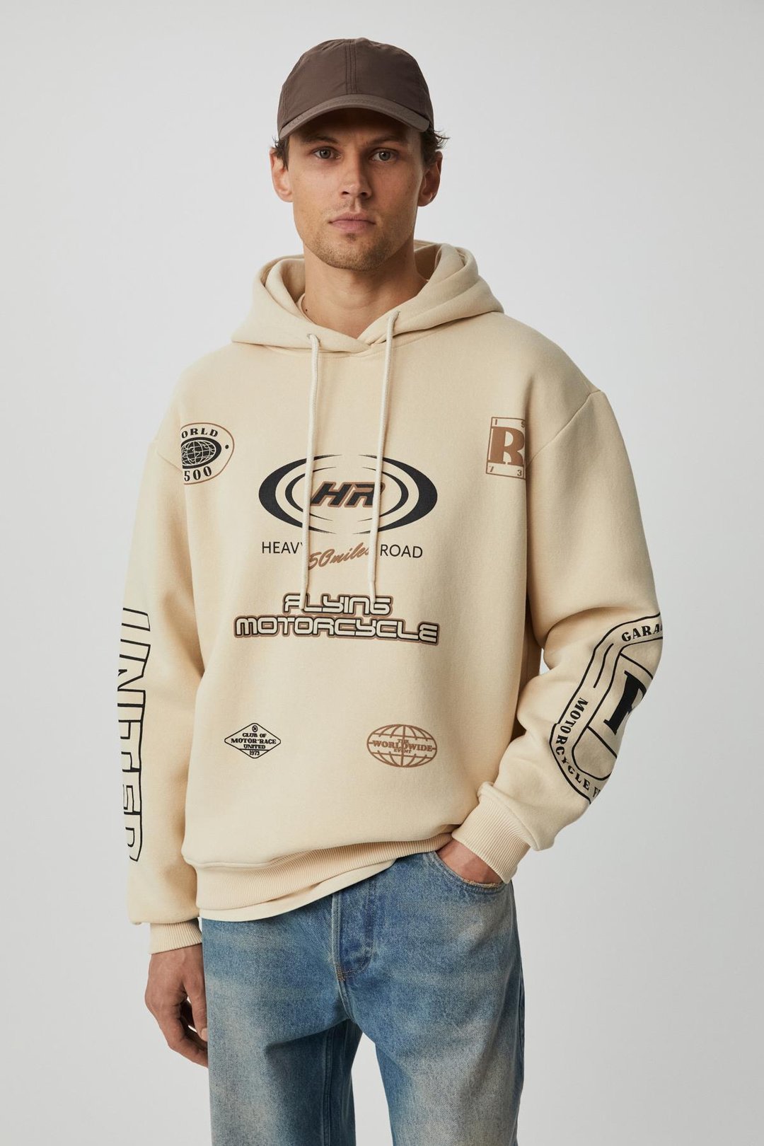 MILES Erkek %75 Pamuk %25 Pamuk Kapüşonlu Yumuşacık Oversize Bej Sweatshirt