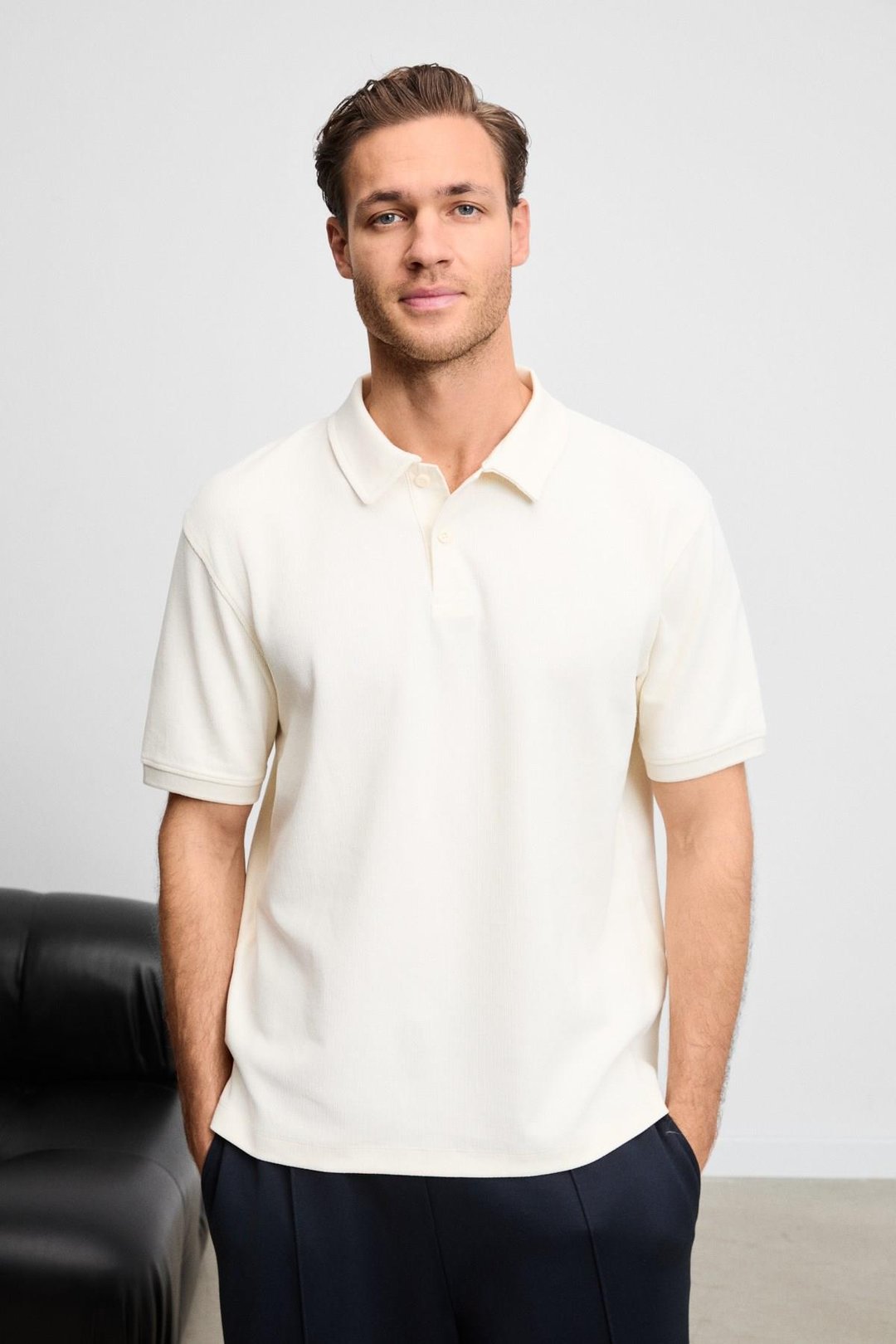 MINNUTU Erkek Organik Pamuklu Polo Yakalı Regular Fit Ekru T-Shirt