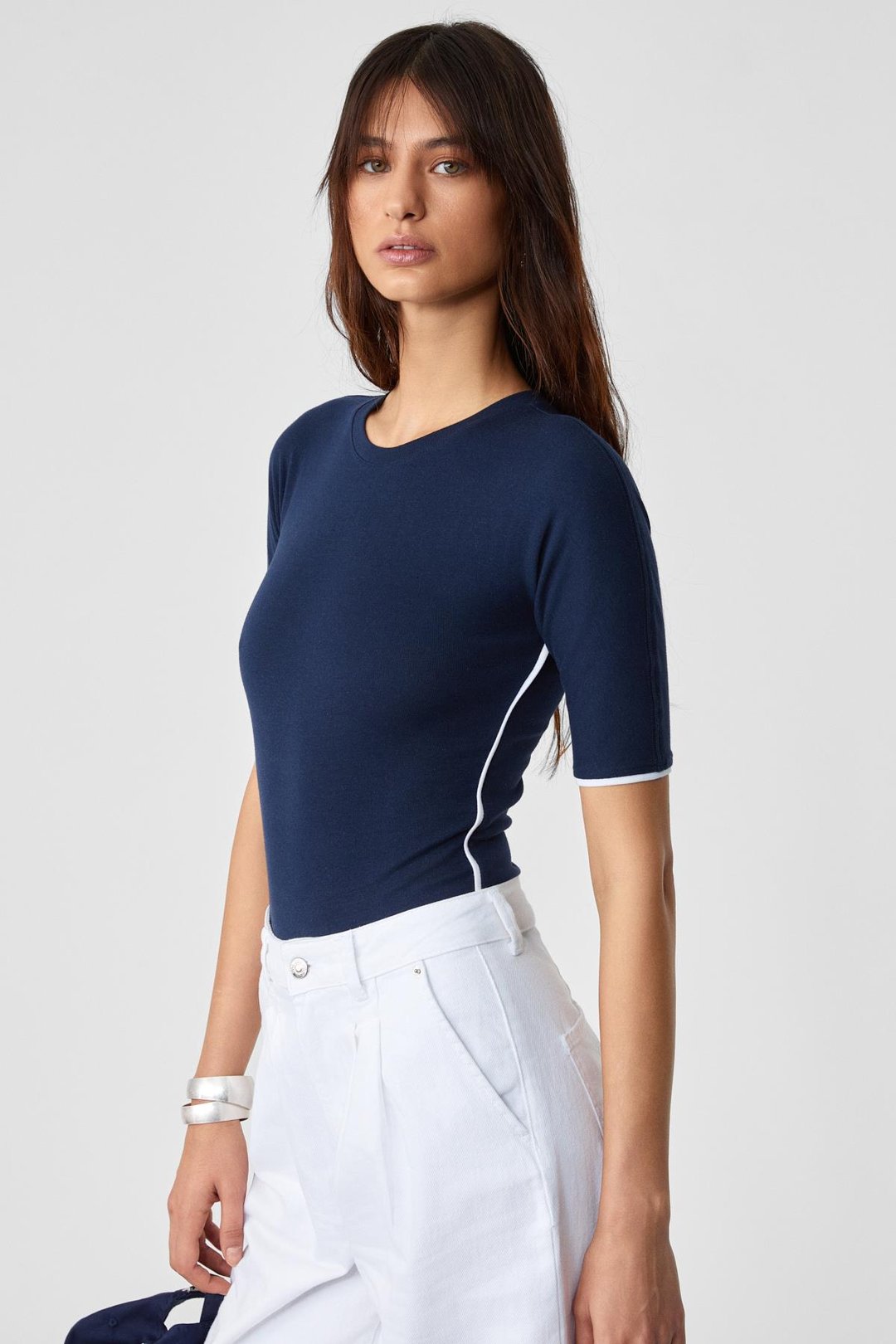 MOGSUS Kadın Slim İnce Bisiklet Yaka Kısa Kol Çıtçıtlı Lacivert Body