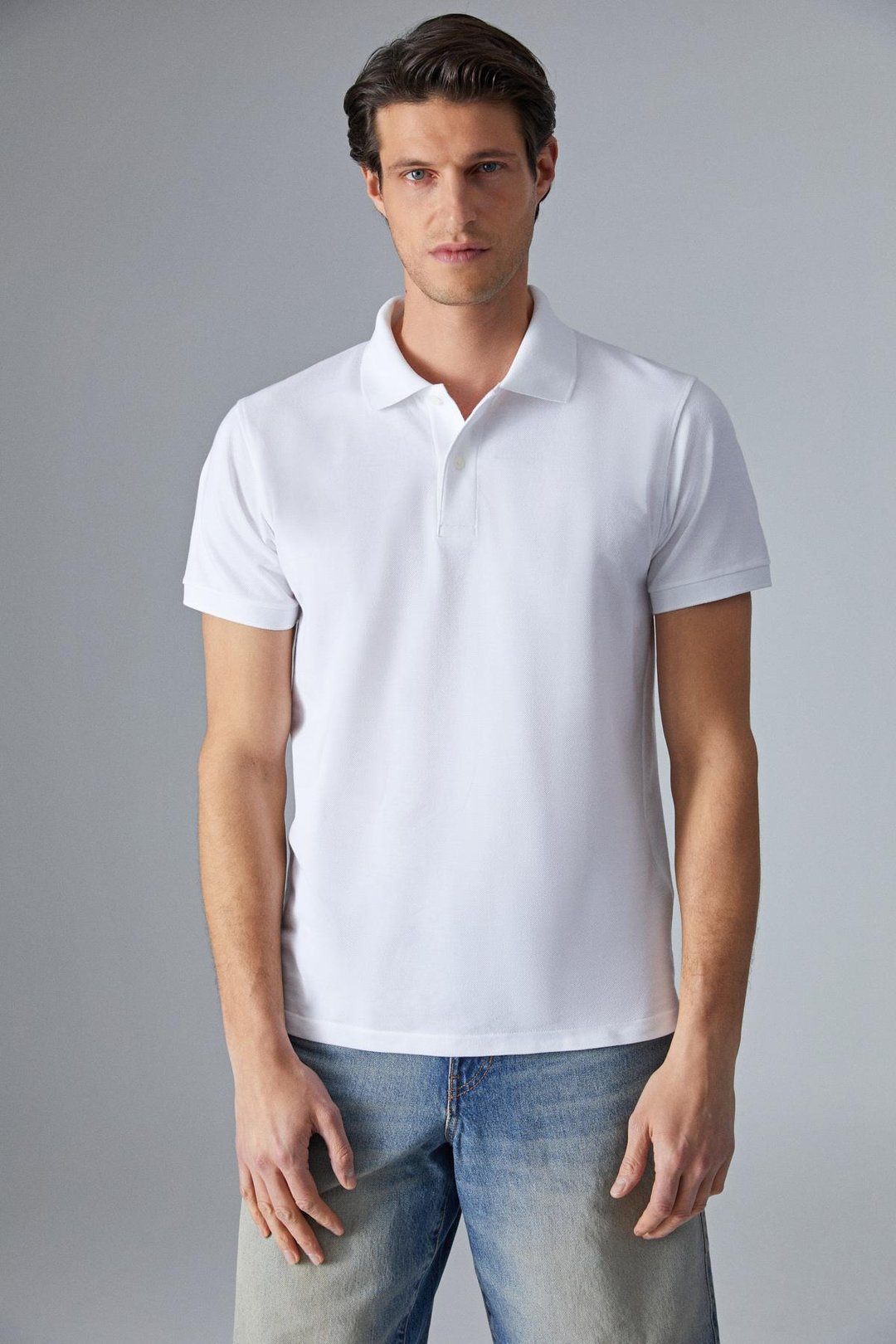 MONAGHAN Erkek Polo Yaka Relaxed Fit Patlı Düğmeli Kısa Kollu Beyaz T-Shirt