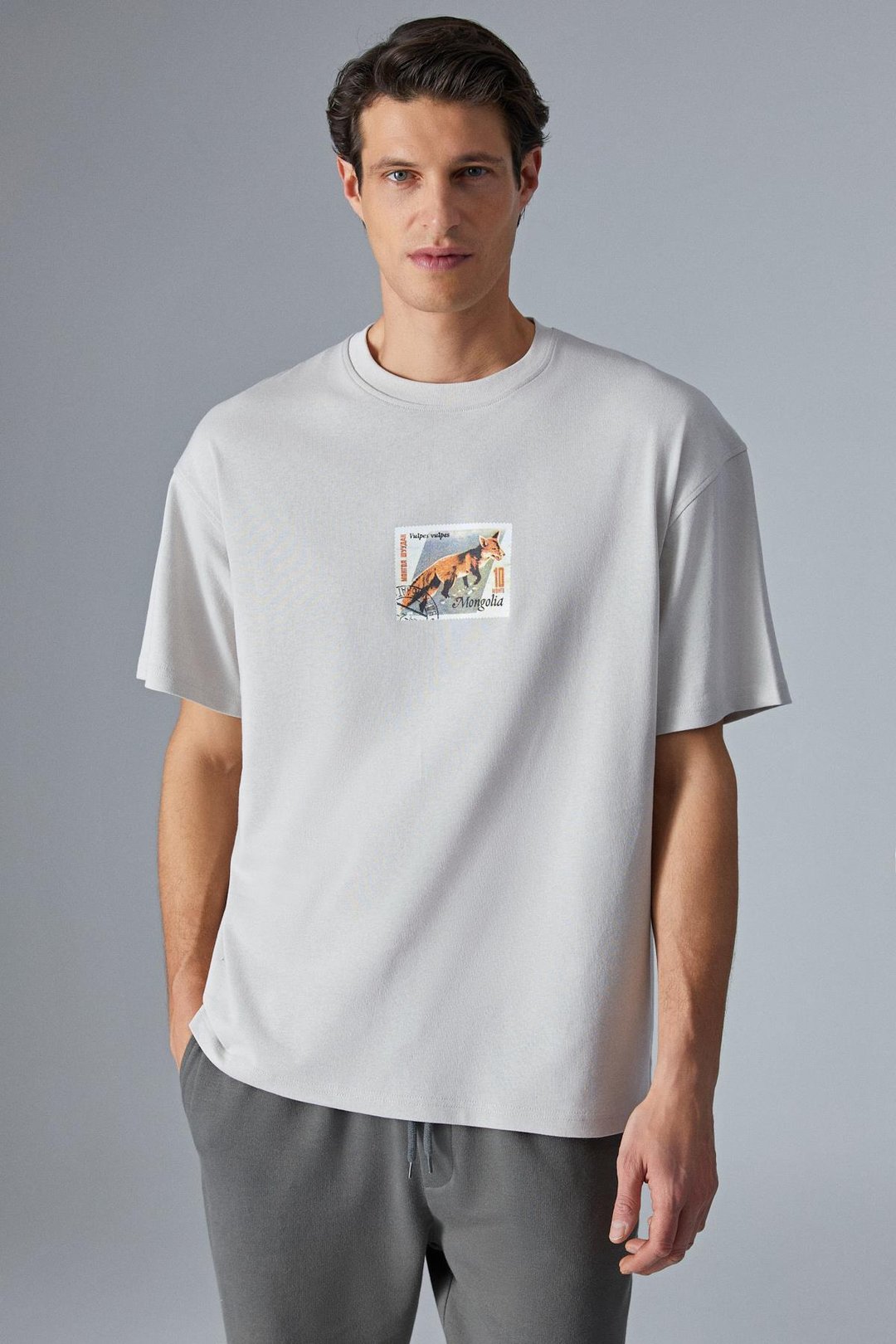 MONGOLIA Erkek Baskı Detaylı %100 Organik Pamuk Bisiklet Yaka Kısa Kol Comfort Bej T-Shirt