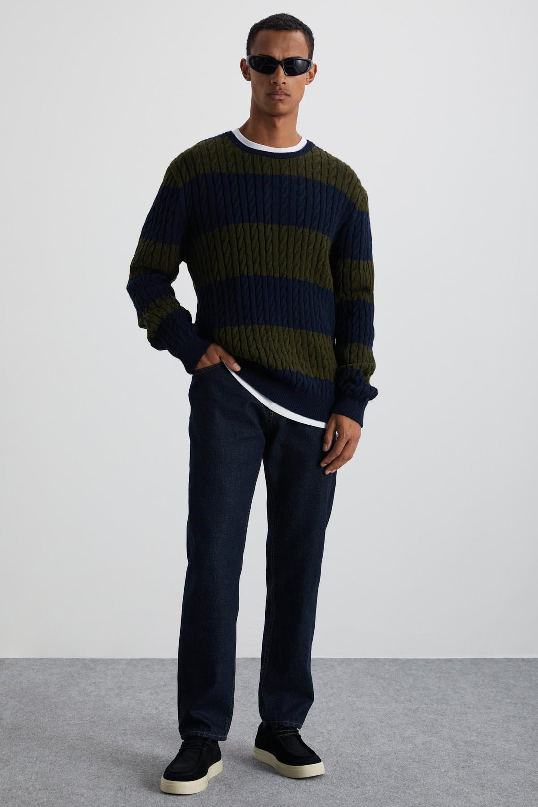 NARVIK Erkek Recyle Yumuşacık Bisiklet Yaka Saç Örgü Desenli Triko Lacivert-Yeşil Kazak