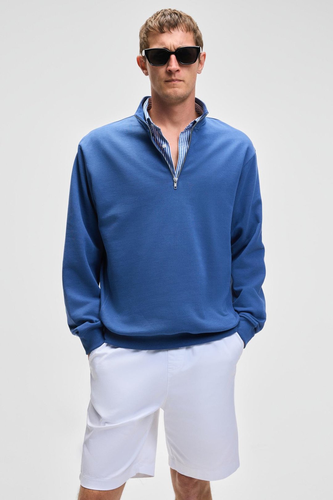 NESTOR Erkek Relaxed Fit Dik Yakalı Yarım Fermuarlı Uzun Kollu Mavi Sweatshirt