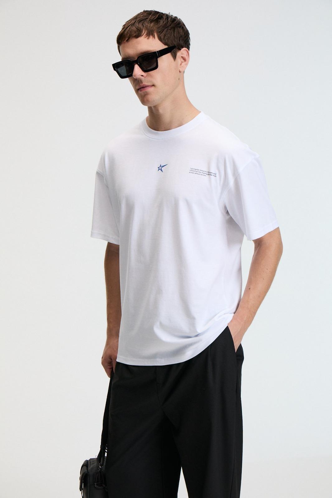 NIBBLE Erkek Oversize %100 Pamuk Baskılı Yuvarlak Yaka Beyaz T-Shirt