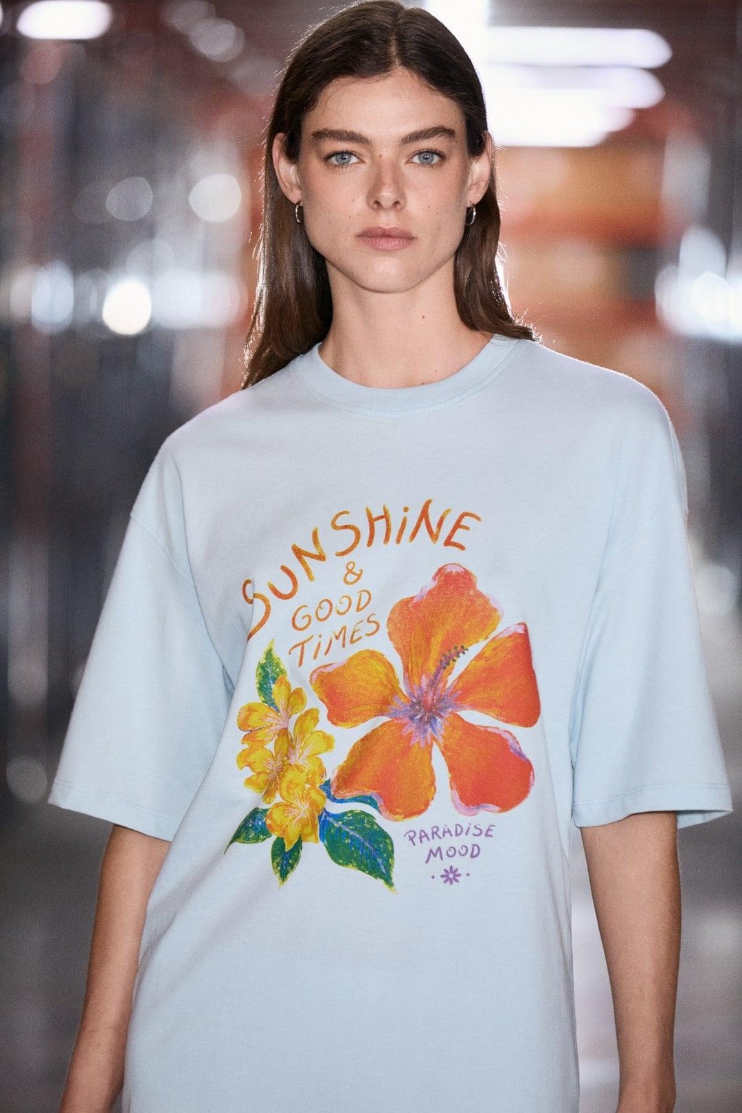 NITZA Kadın %100 Pamuk Oversize Bisiklet Yaka Açık Mavi T-Shirt