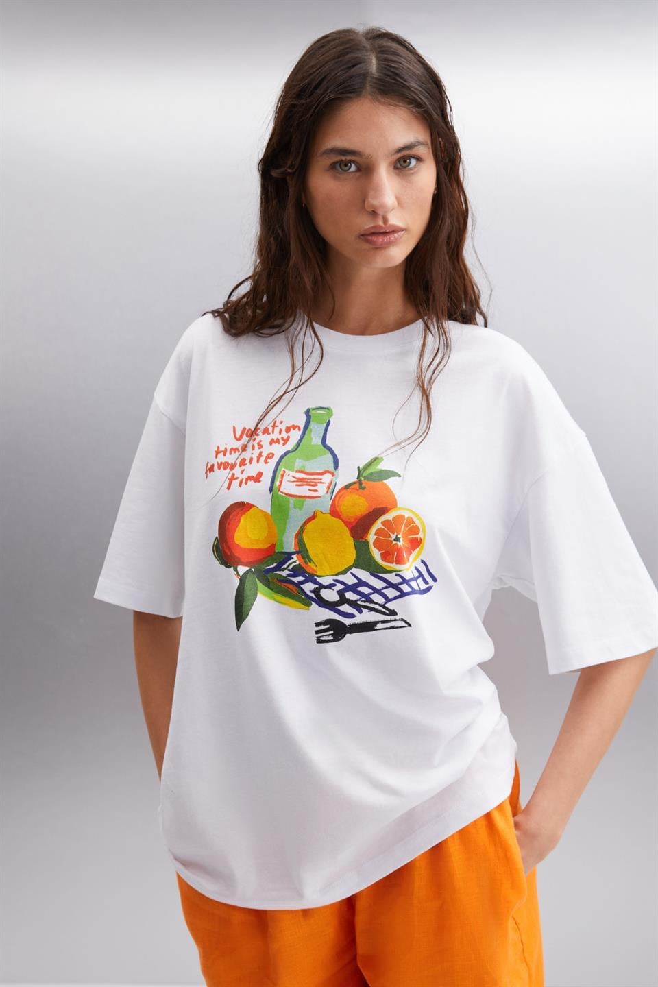 NITZA Kadın %100 Pamuk Oversize Bisiklet Yaka Beyaz T-Shirt