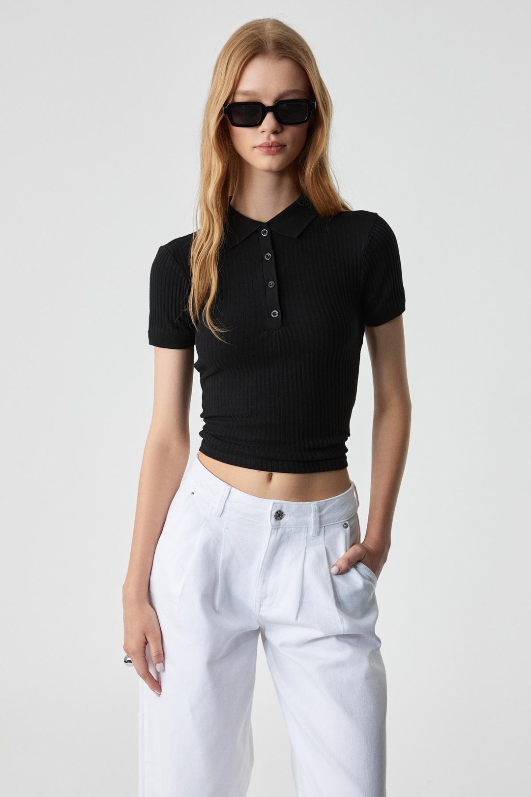 OBERWART Kadın Slim Gömlek Yaka Kısa Kol Siyah T-Shirt